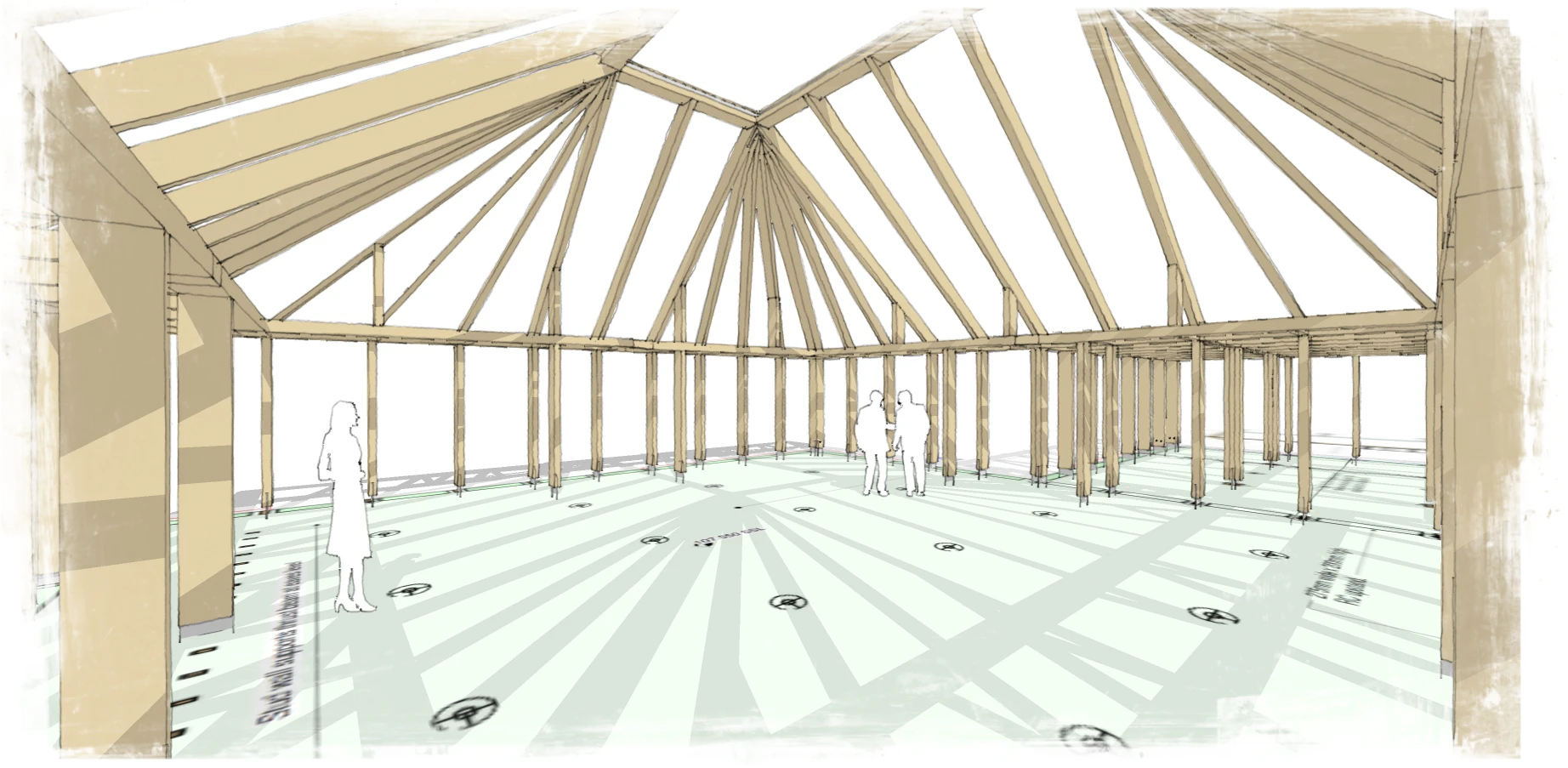 A computer generated design of a pyramidic timber frame building