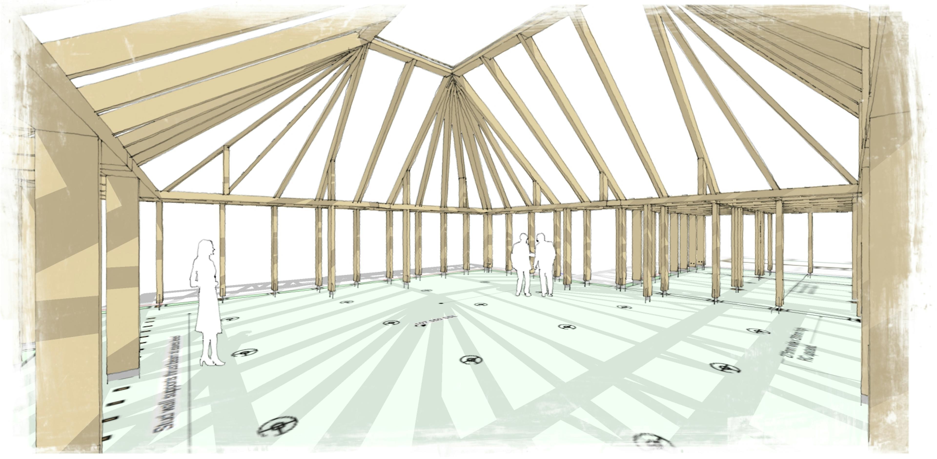 A computer generated design of a pyramidic timber frame building