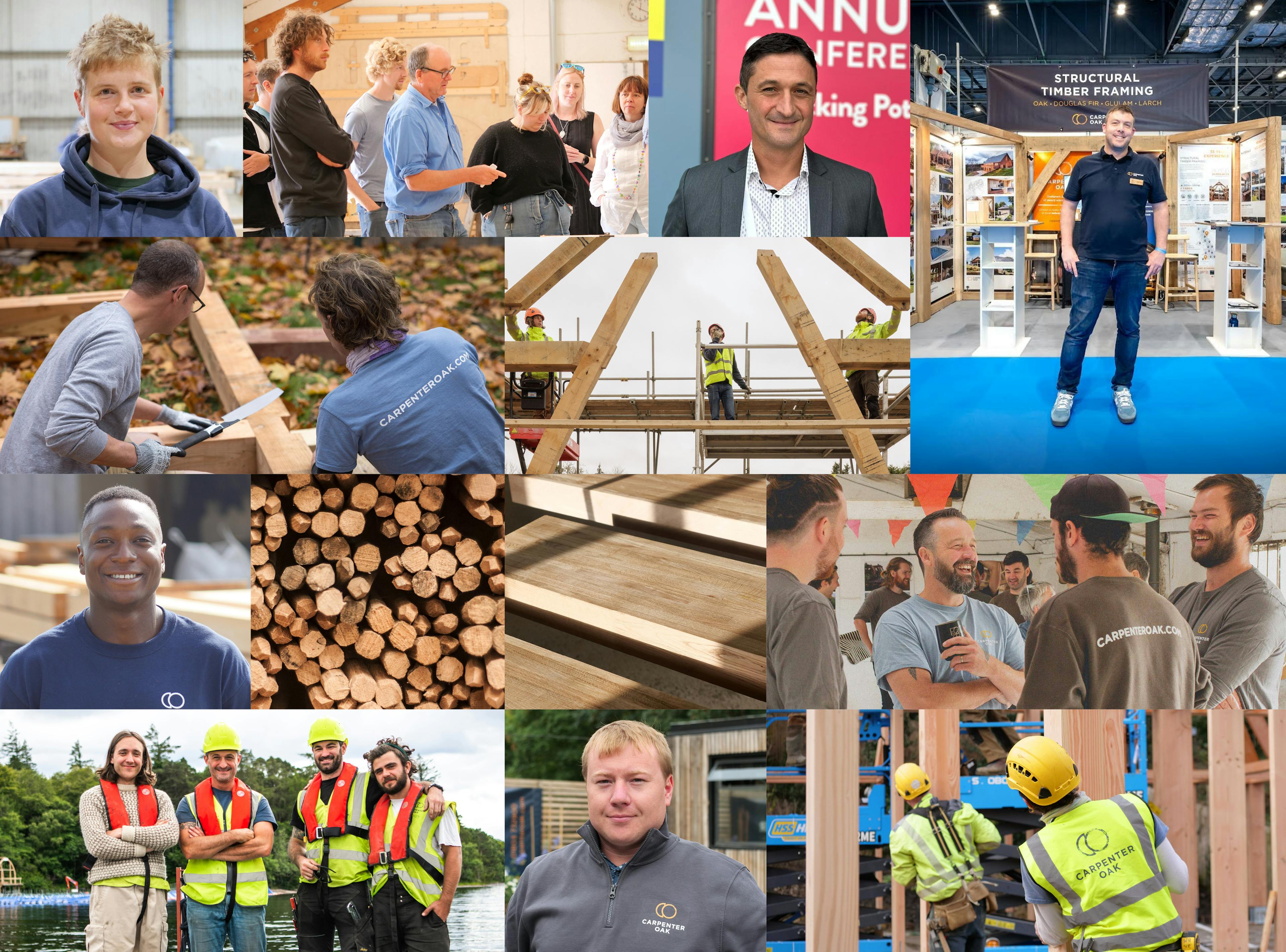 A montage image of people, carpenters, wood, timber frame