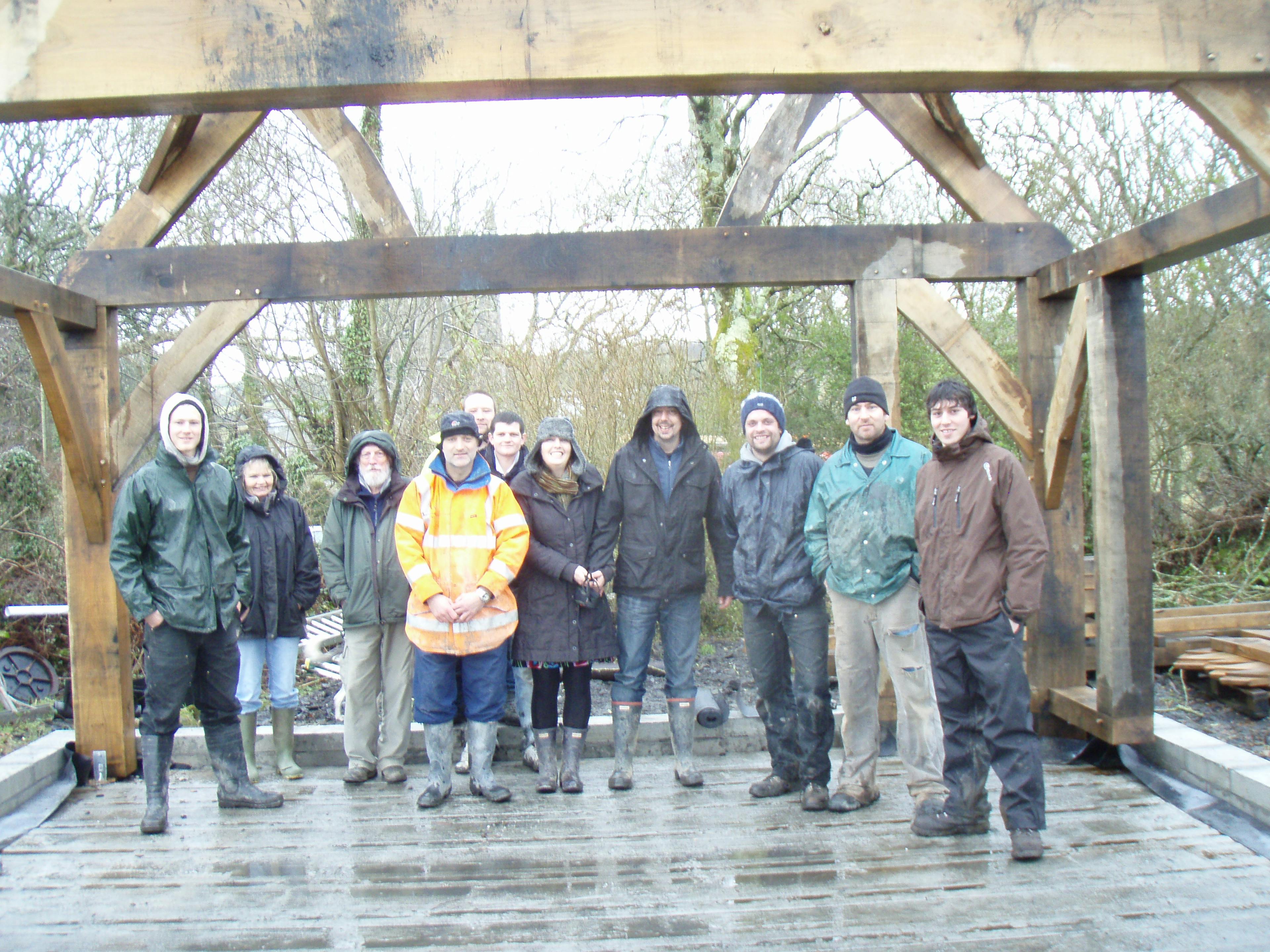 Site team working on the installation of an oak-framed home