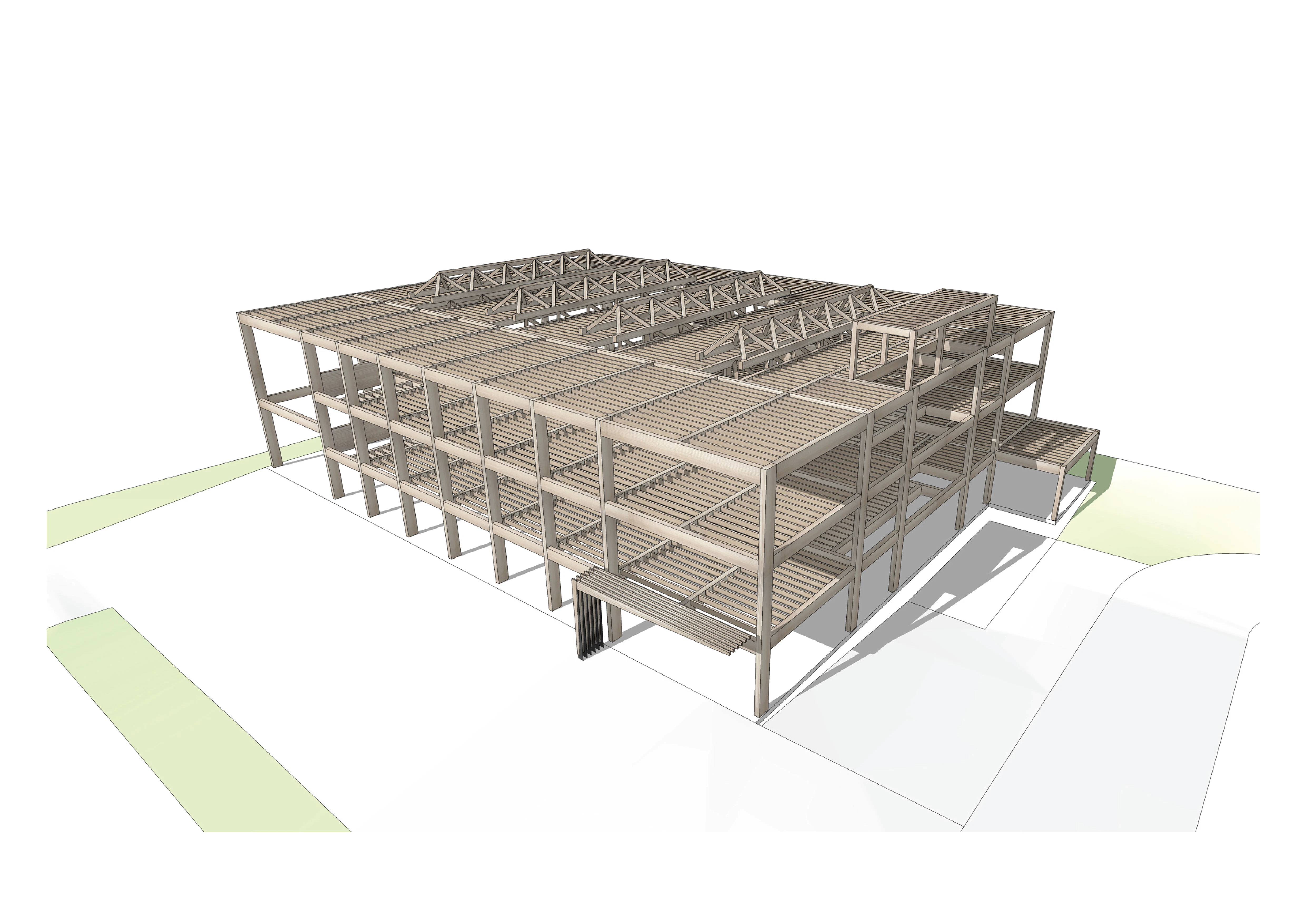 Computer generated concept images of the frame of a glulam and CLT industrial facility