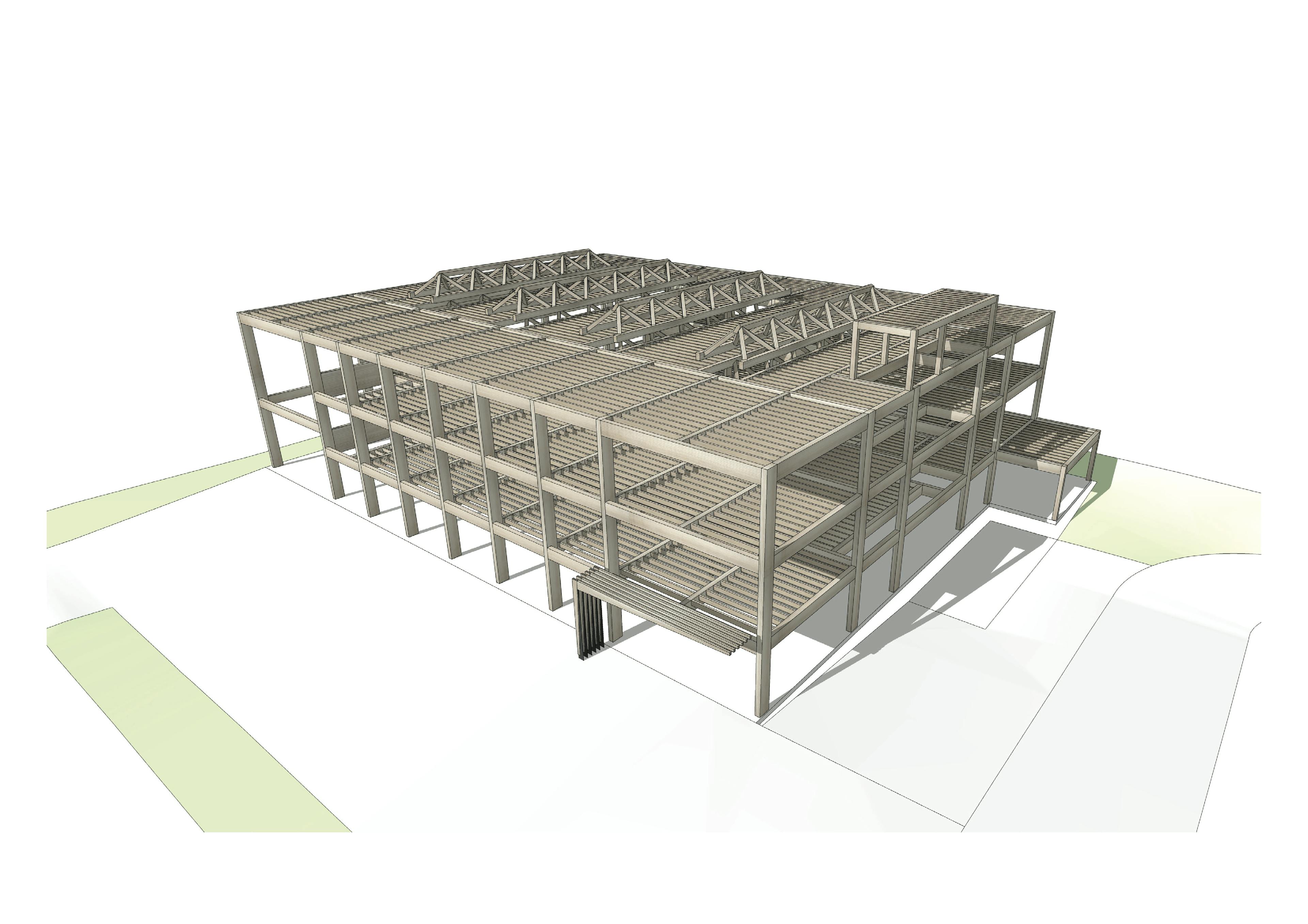 Computer generated concept images of the frame of a glulam and CLT industrial facility