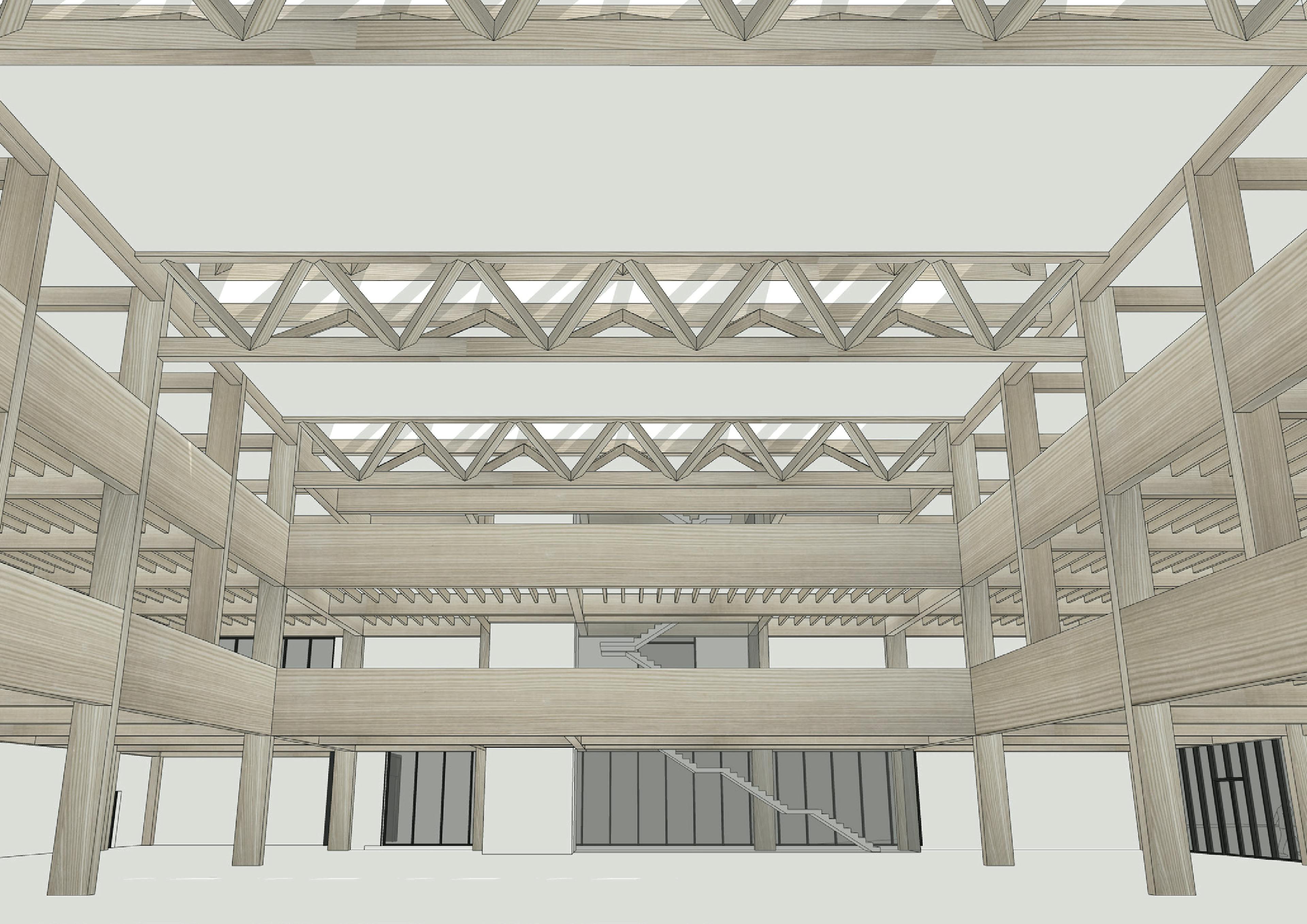 Computer generated concept images of the frame of a glulam and CLT industrial facility