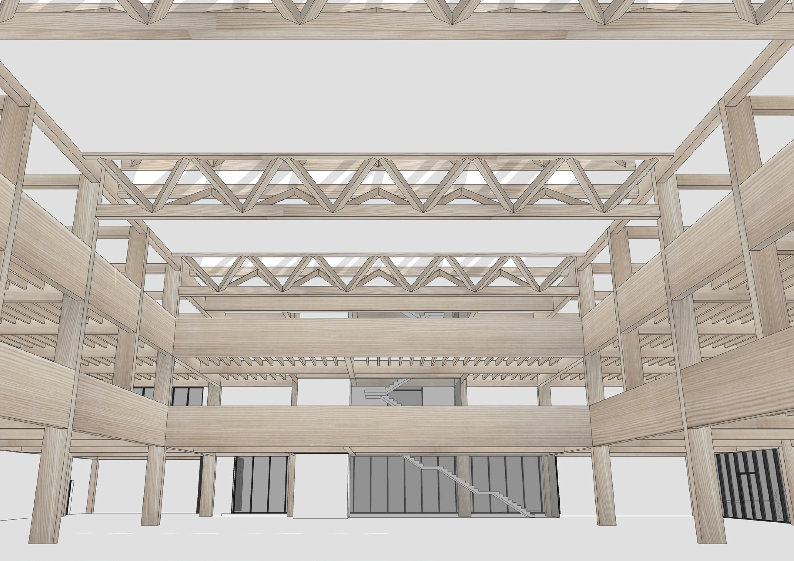 Computer generated concept images of the frame of a glulam and CLT industrial facility
