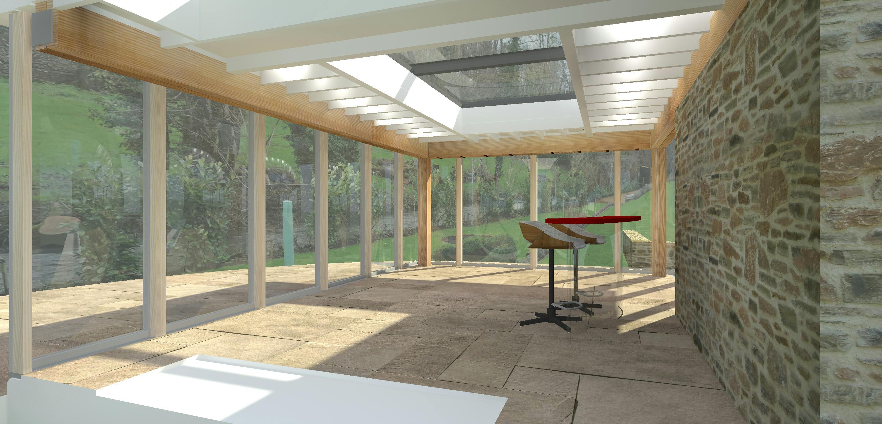 A rendered computer image of a room with a structural timber frame