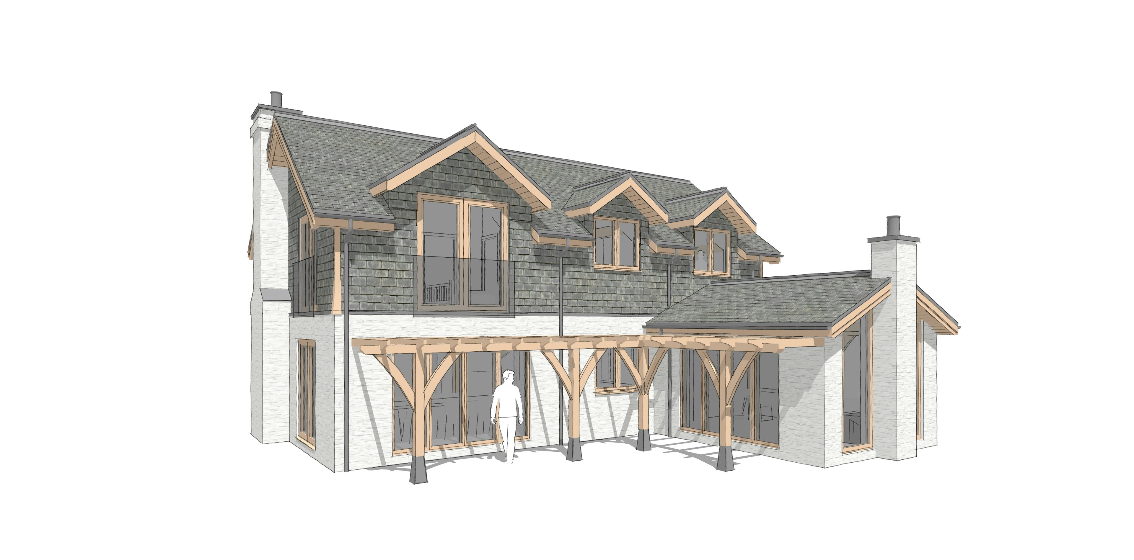 A computer rendered image of a home with an oak frame veranda and dormer windows