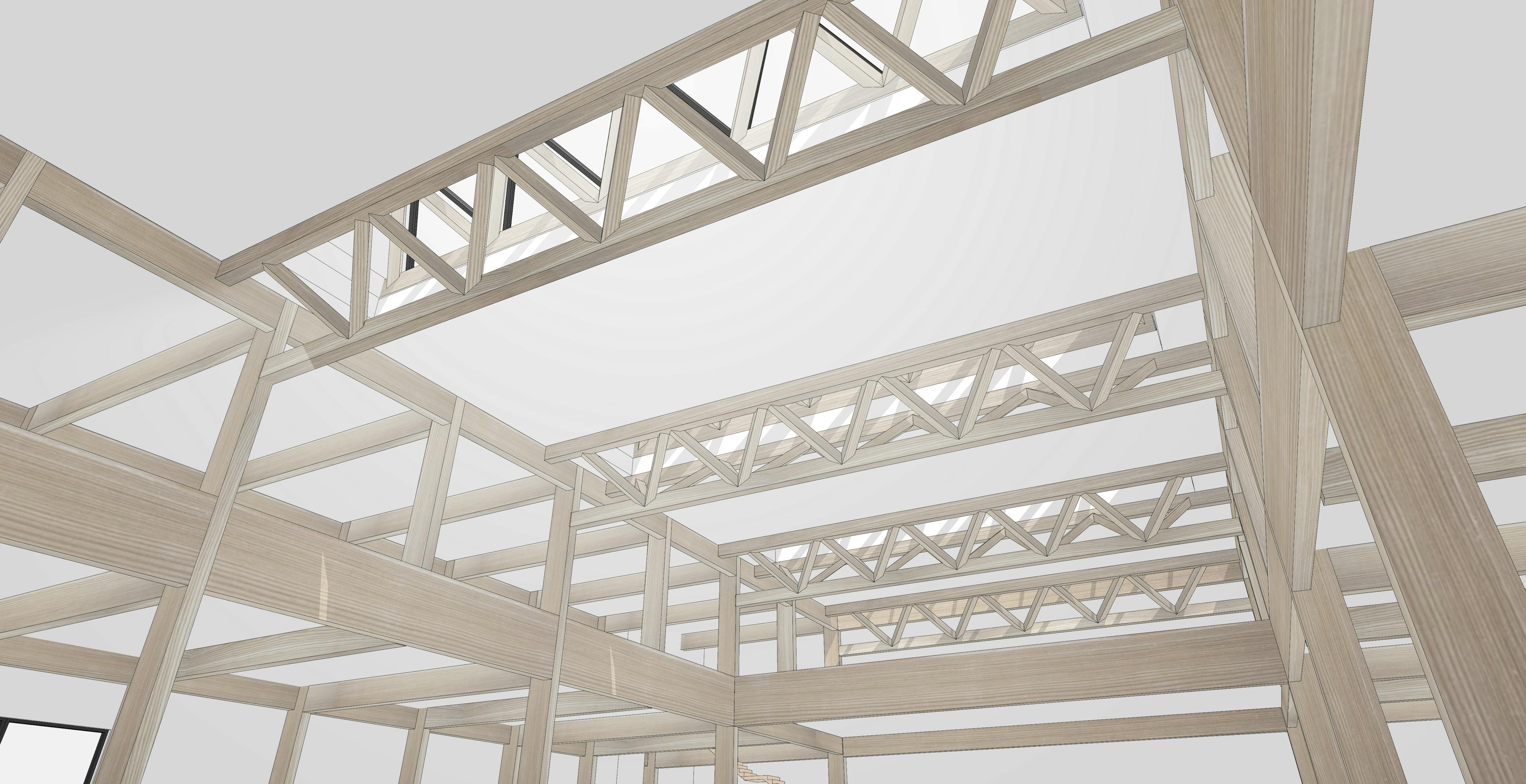 Computer generated concept images of the frame of a glulam and CLT industrial facility