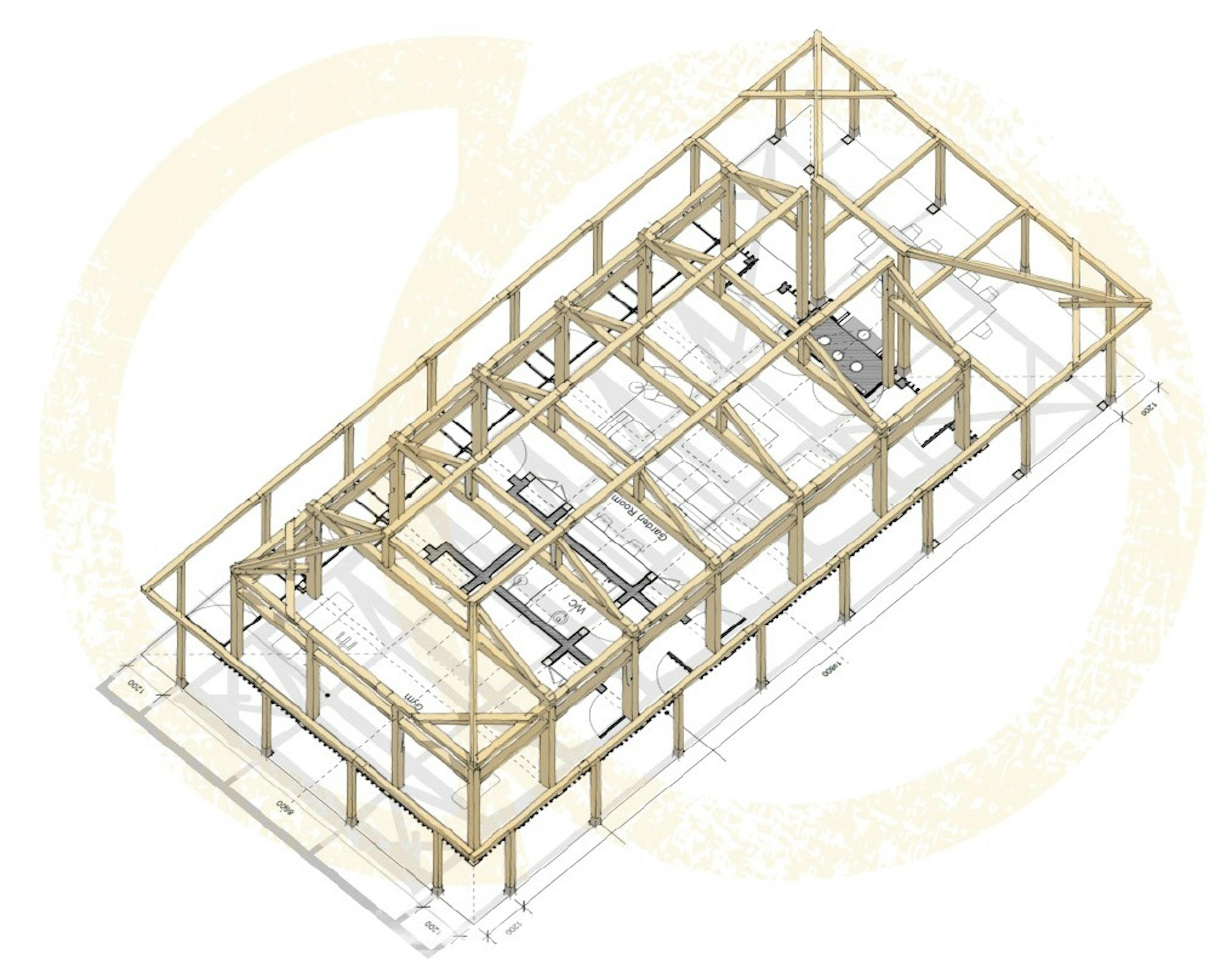 A computer generated sketch of a Douglas fir framed garden annex