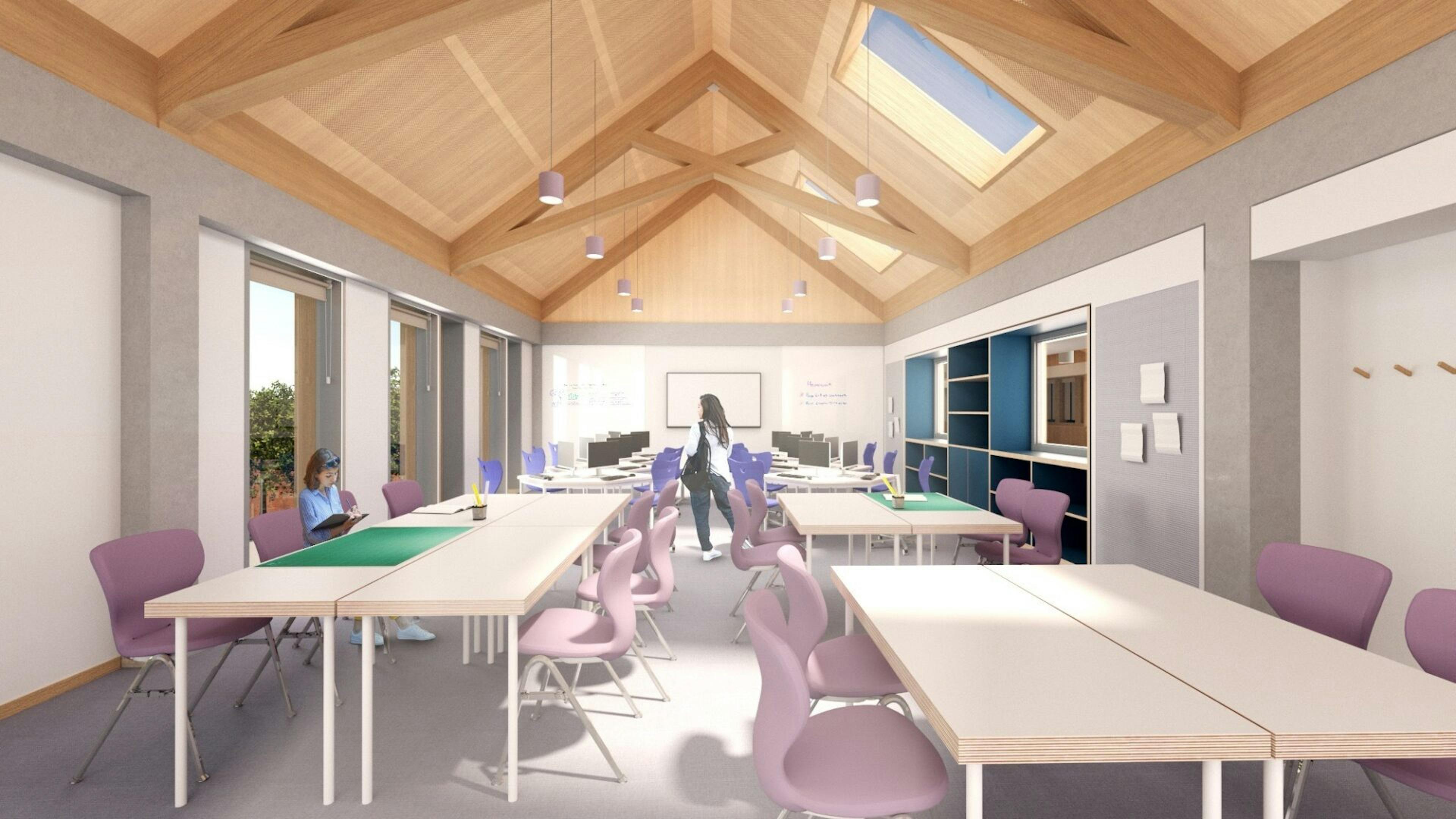 Concept image of air dried oak scissor trusses for a roof in a school building