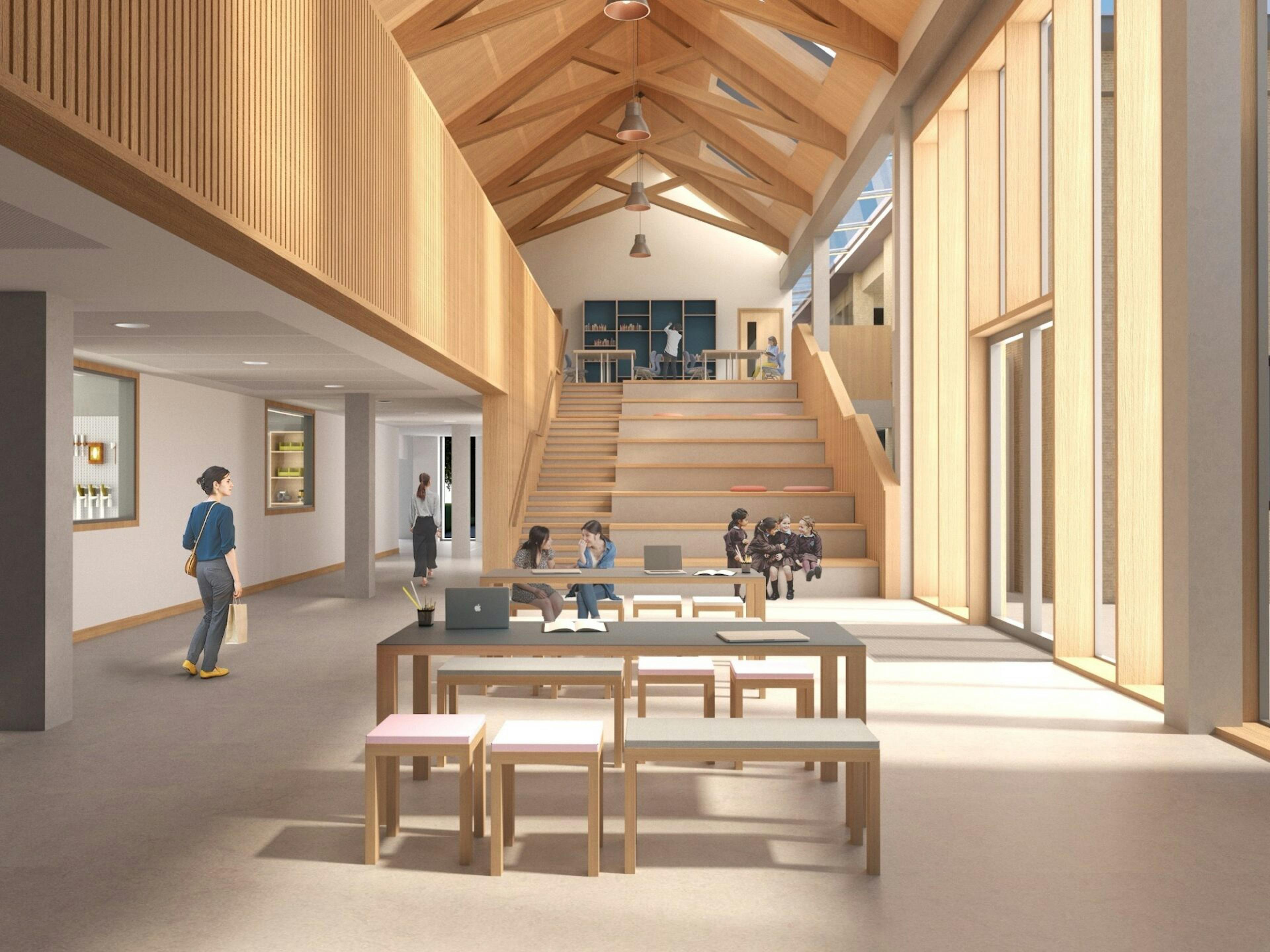 Concept image of air dried oak scissor trusses for a roof in a school building