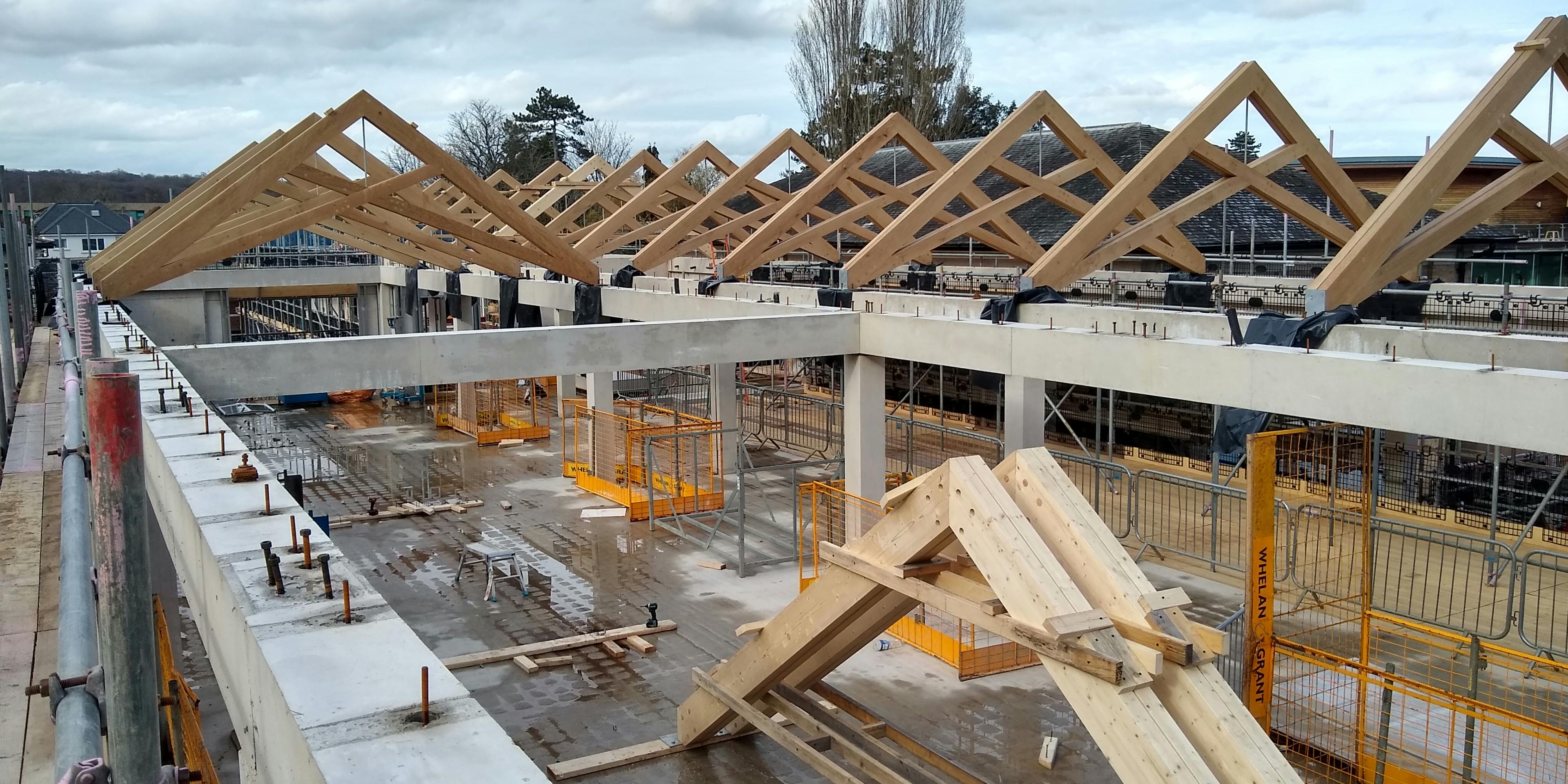 Air dried oak scissor trusses being installed for a roof in a school building