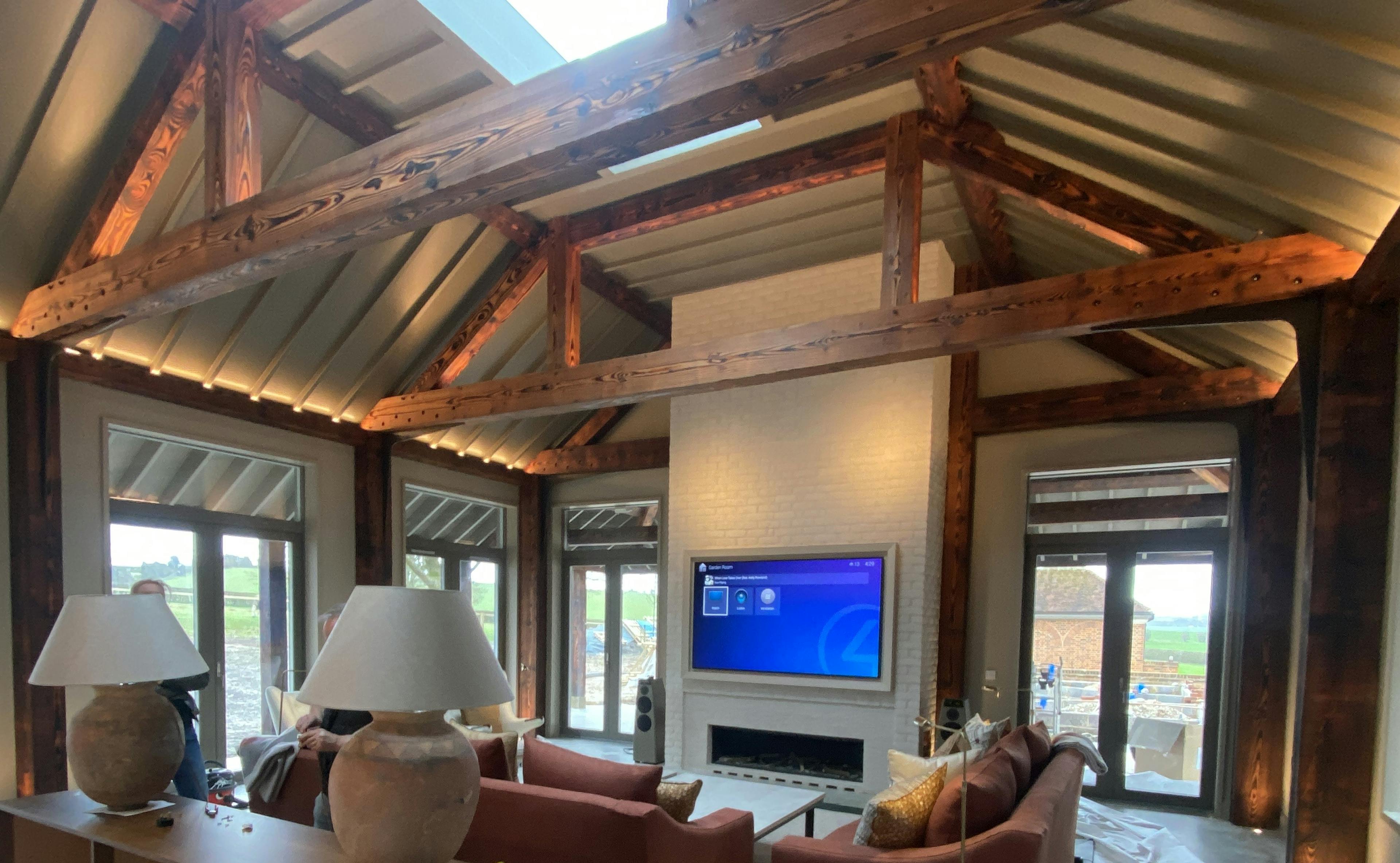 Interior view of a charred Douglas fir framed garden annex