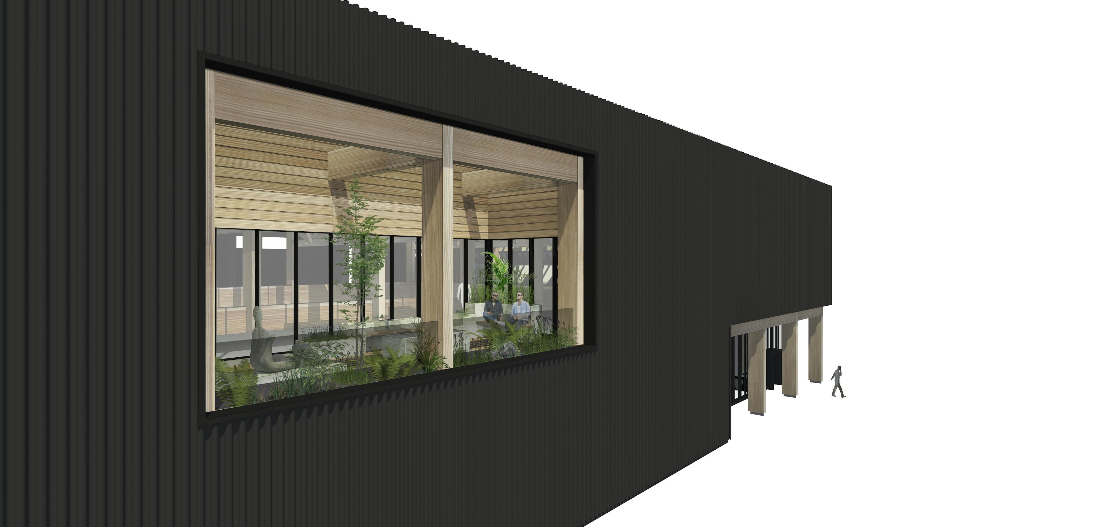 Computer generated concept images of a glulam and CLT industrial facility with external black cladding