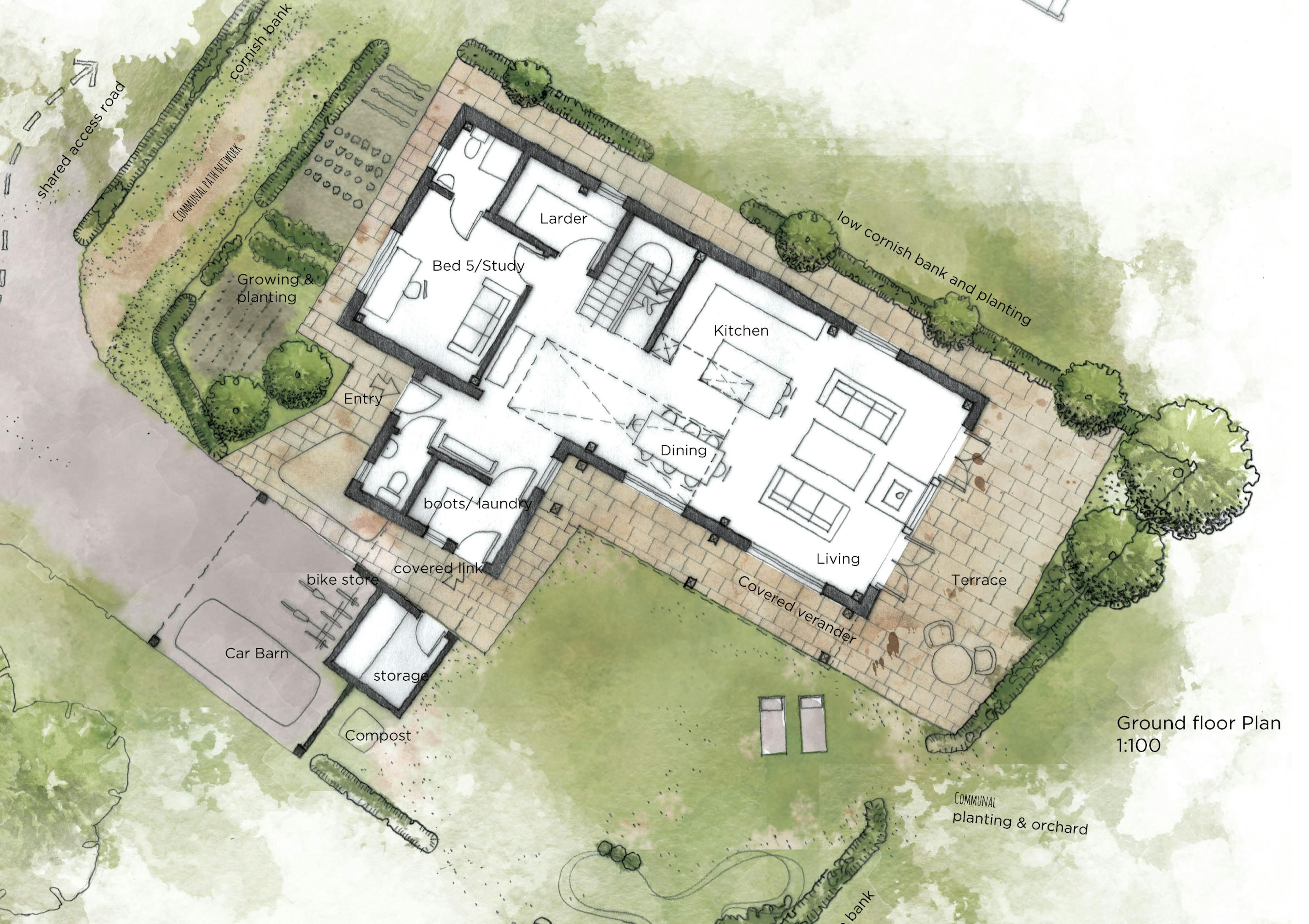 Ground-floor plan of a two-story oak-framed family home
