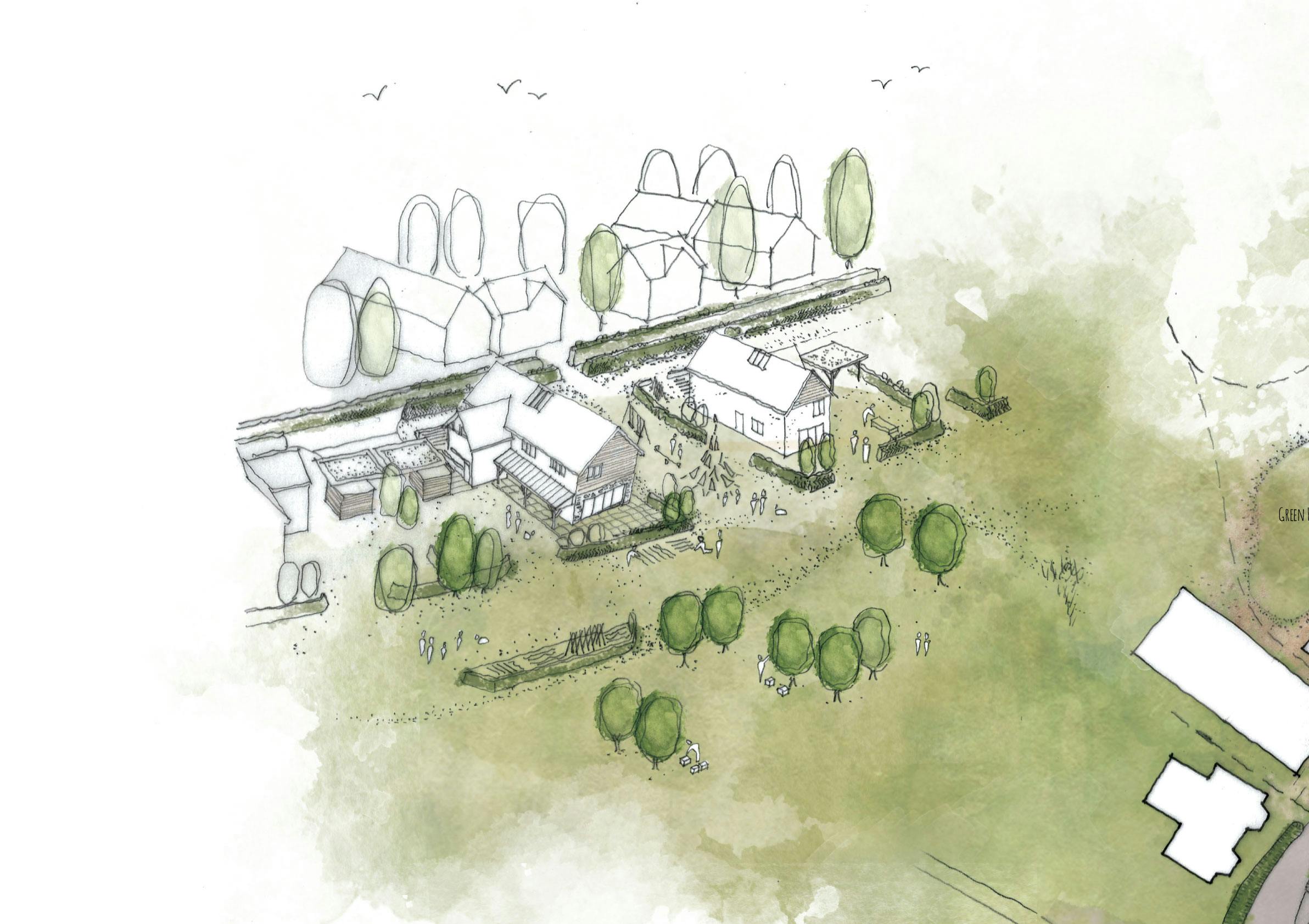 3D concept sketch of a plot for a two-story oak-framed home