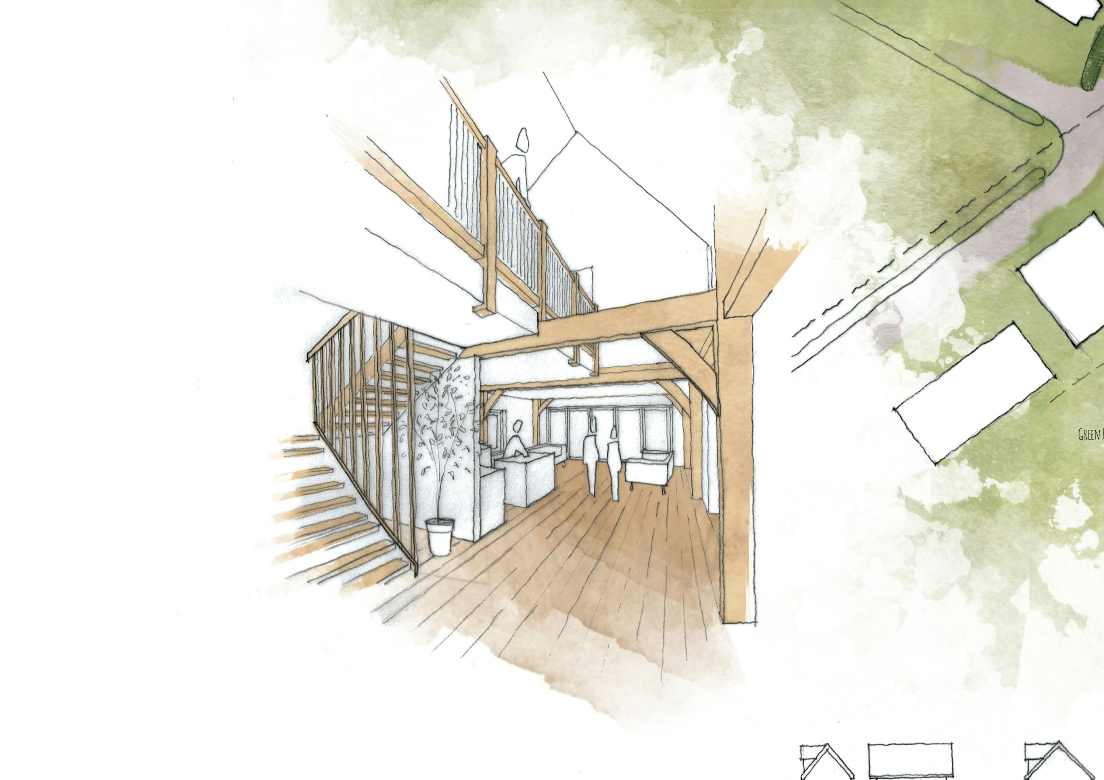 Interior view of a two-story oak-framed home featuring an oak-framed mezzanine