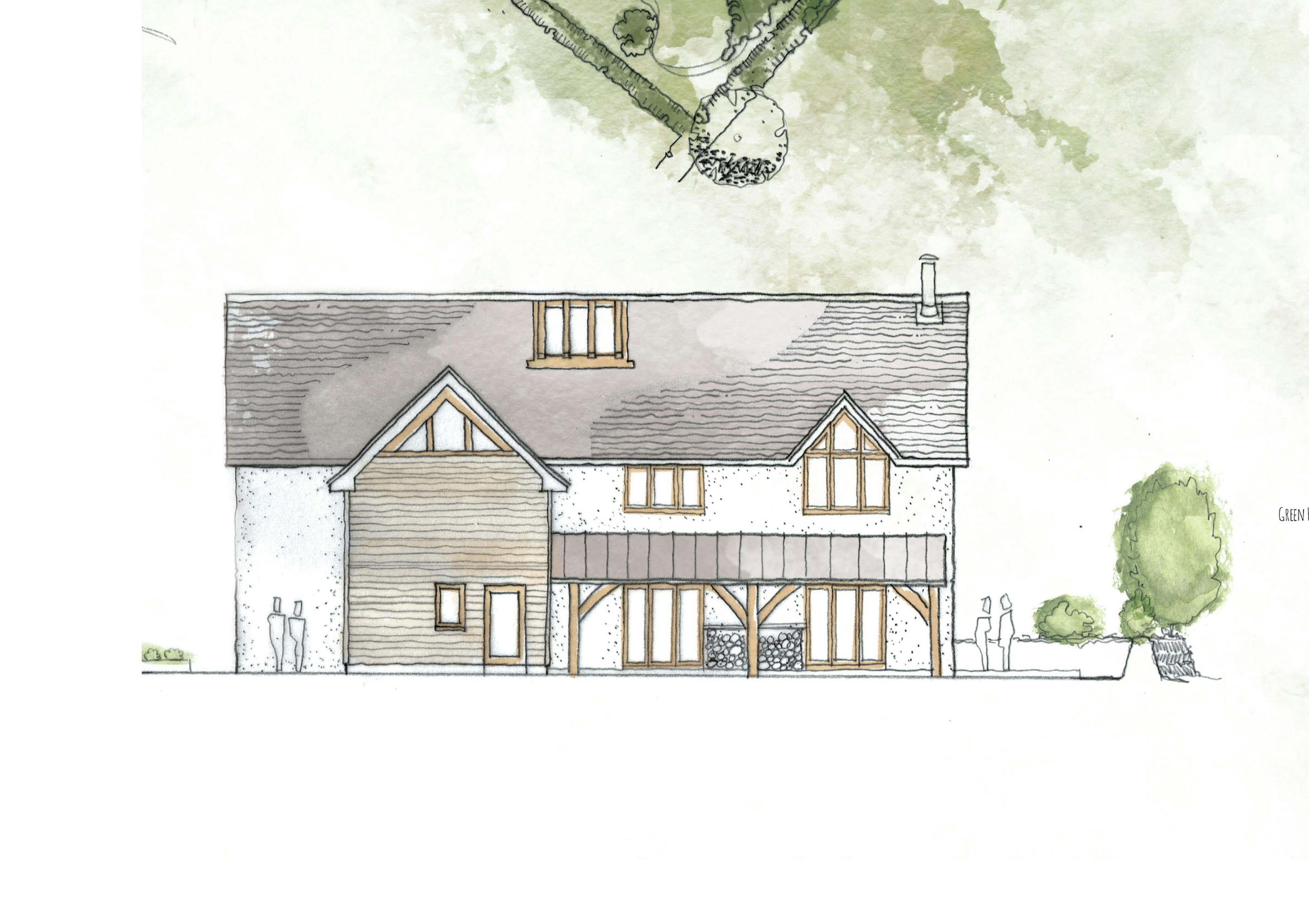 External view of a two-story oak-framed home 