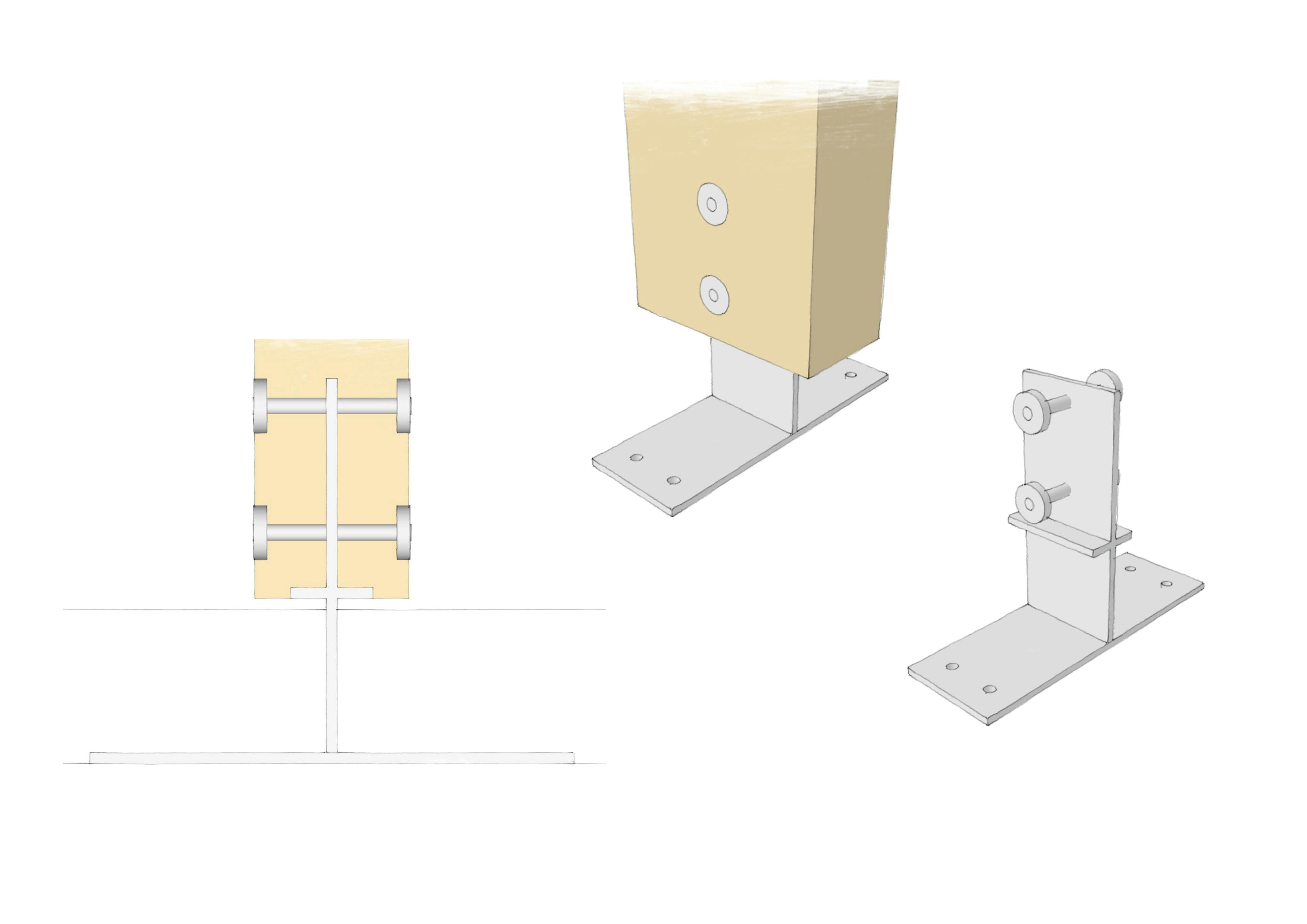 Sketch of a glulam structure cabin frame, highlighting fixings and steel post feet