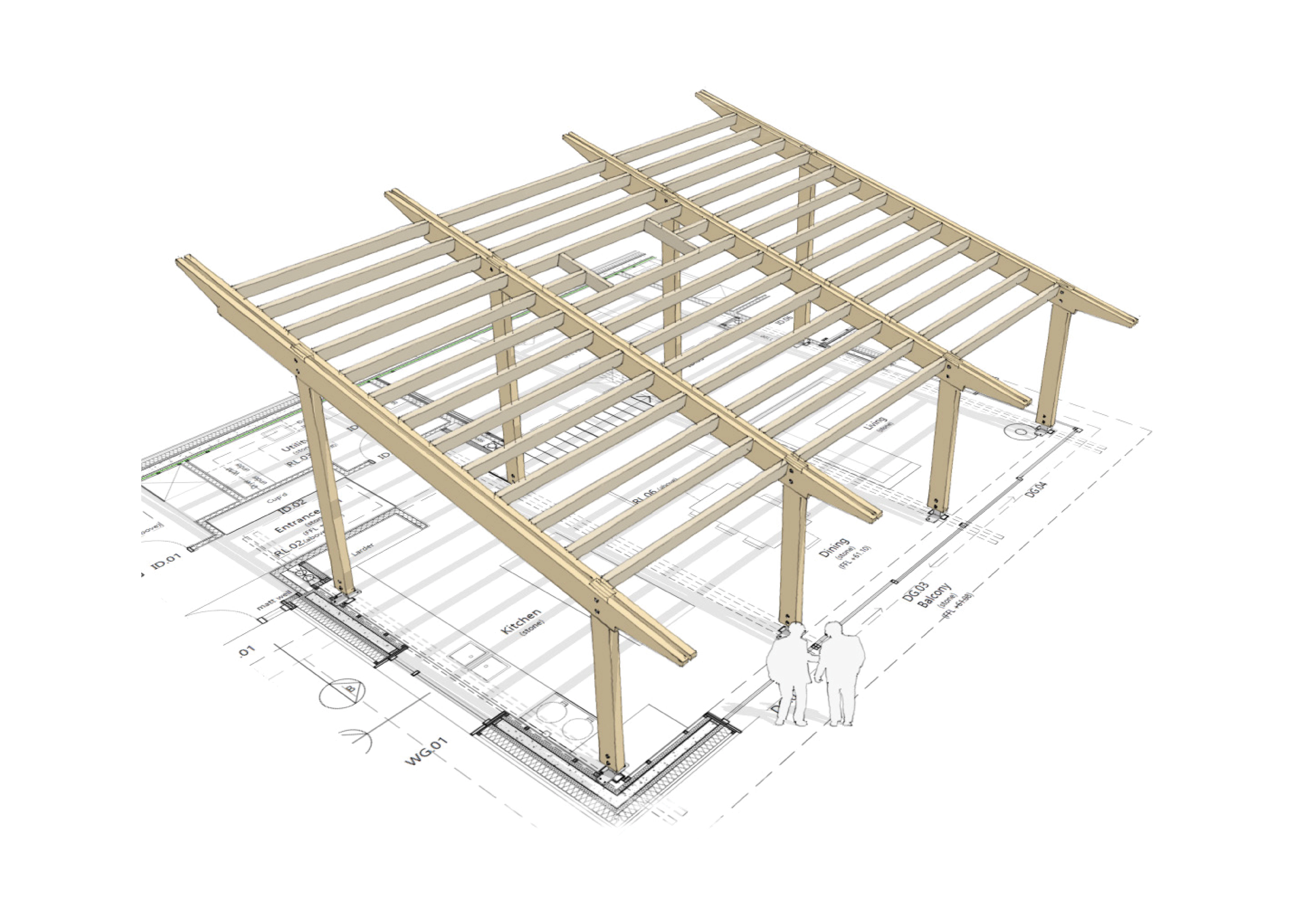 Back elevation view of a glulam structure frame