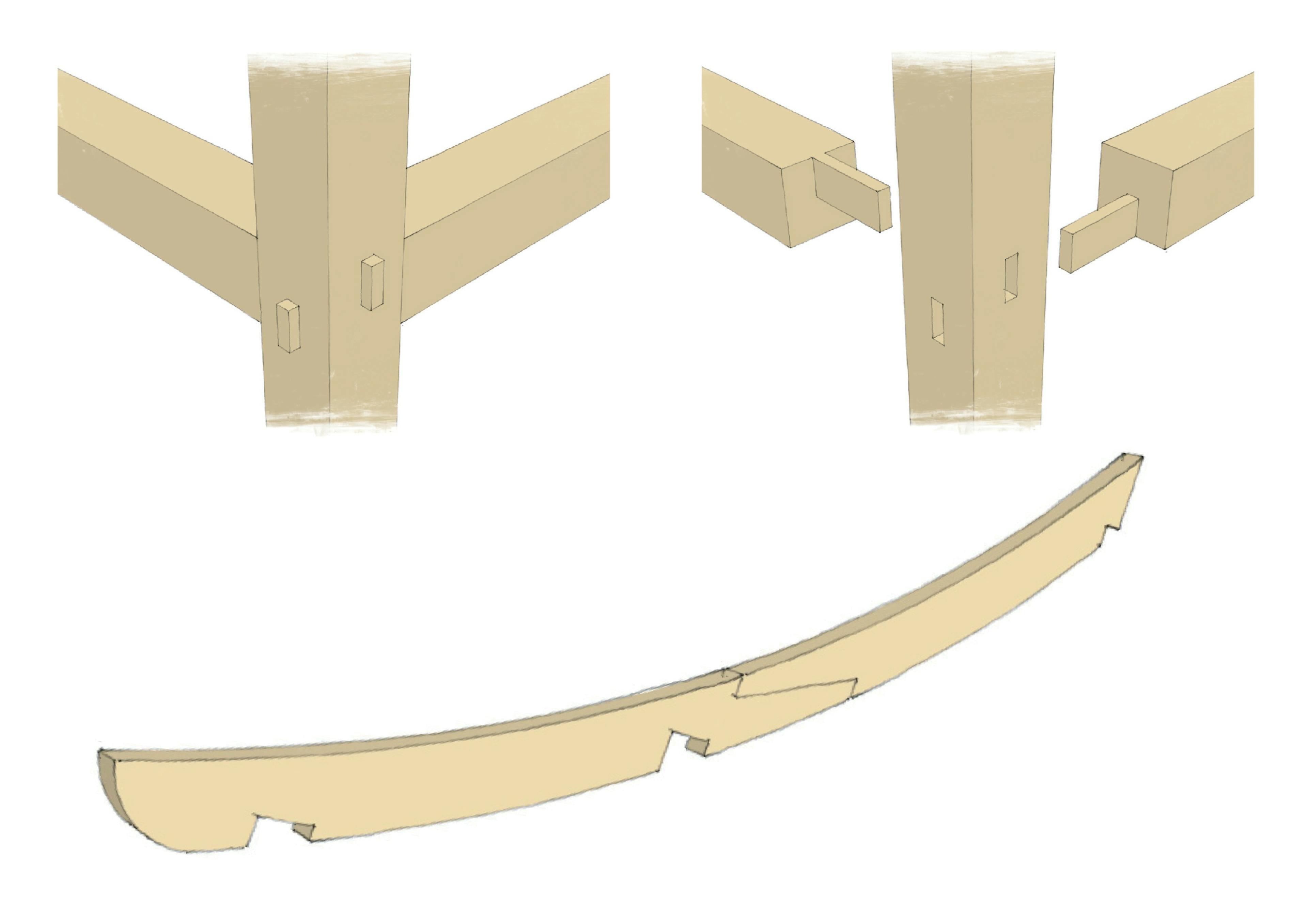 Sketch of a Japanese boathouse frame with fixings and detail views