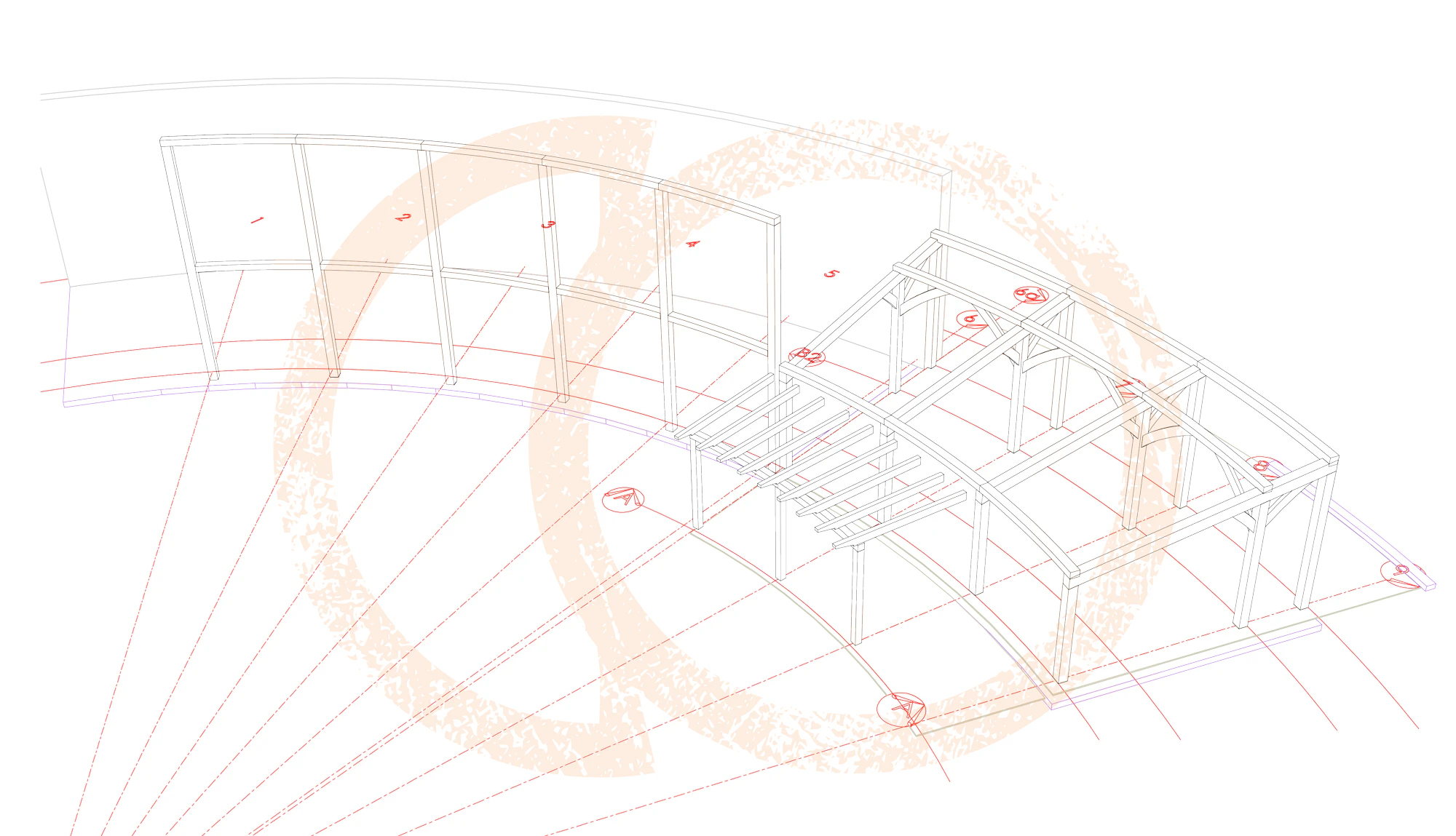 A frame drawings of curved oak frame home