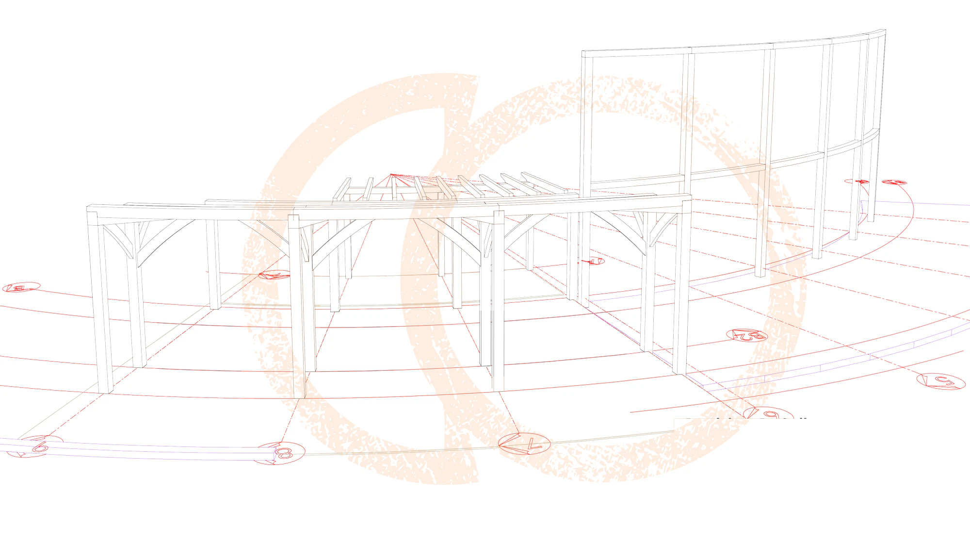 A frame drawings of curved oak frame home