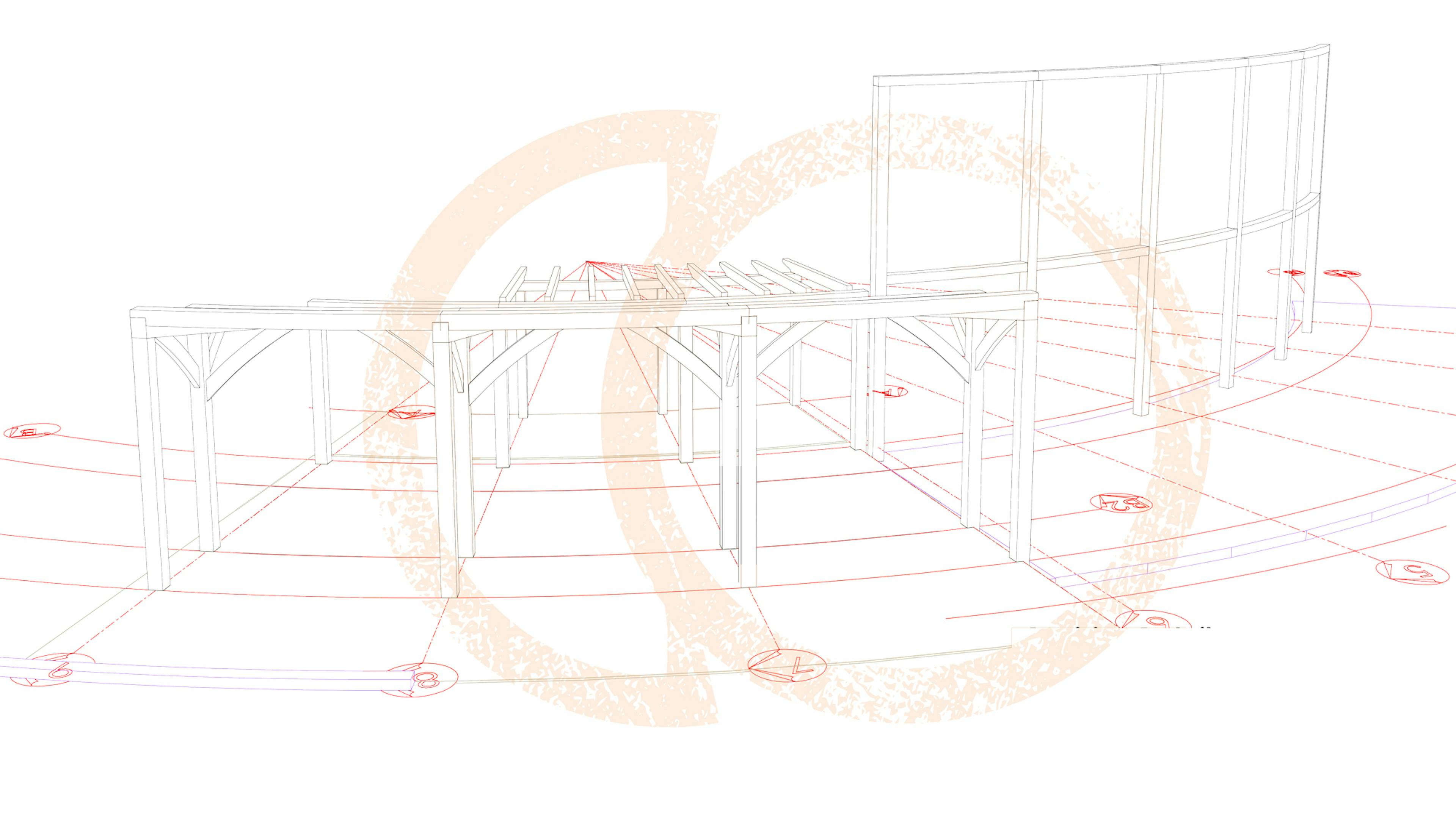A frame drawings of curved oak frame home