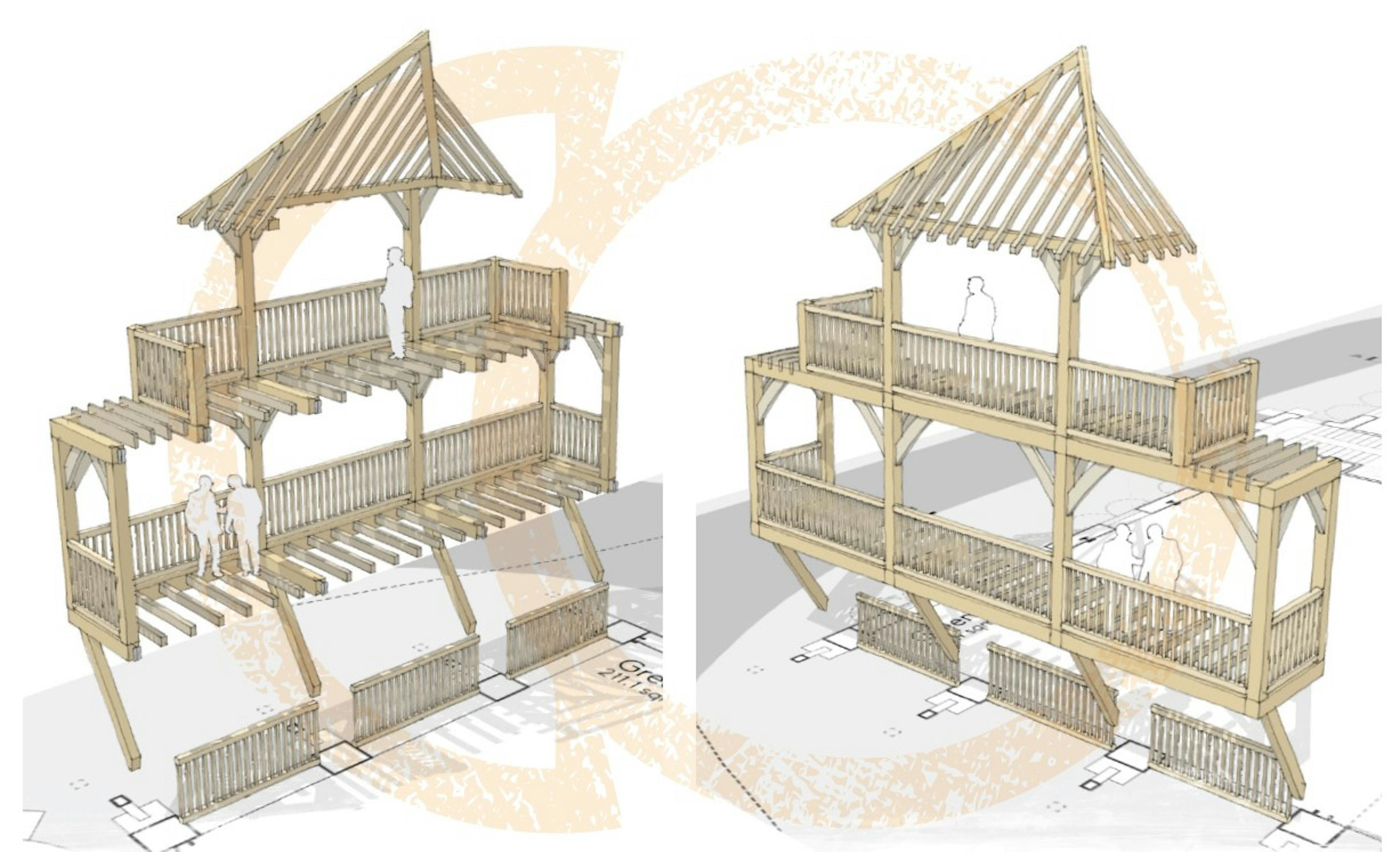 Concept drawings of oak balconies for a large building