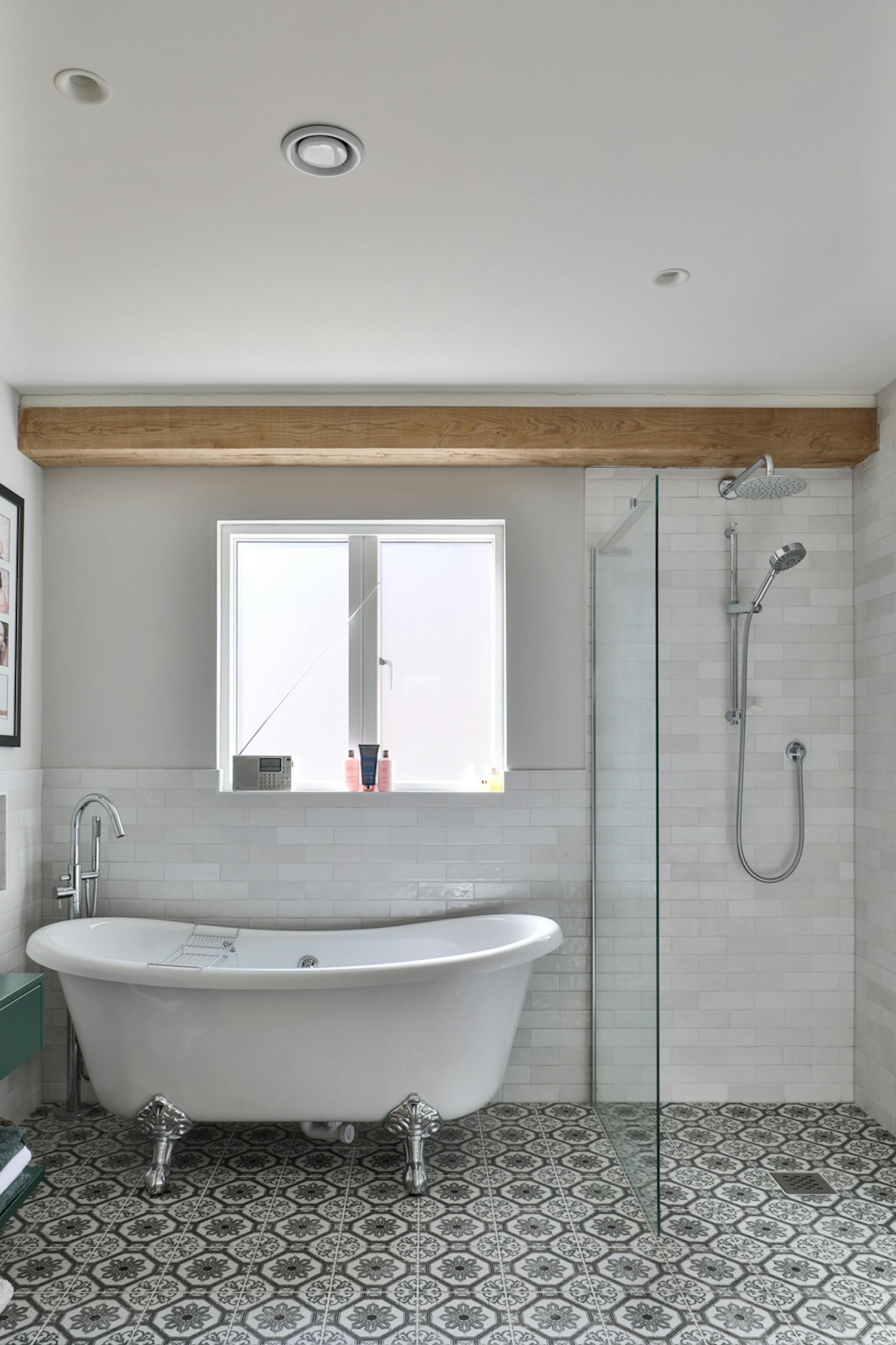 An oak framed bathroom