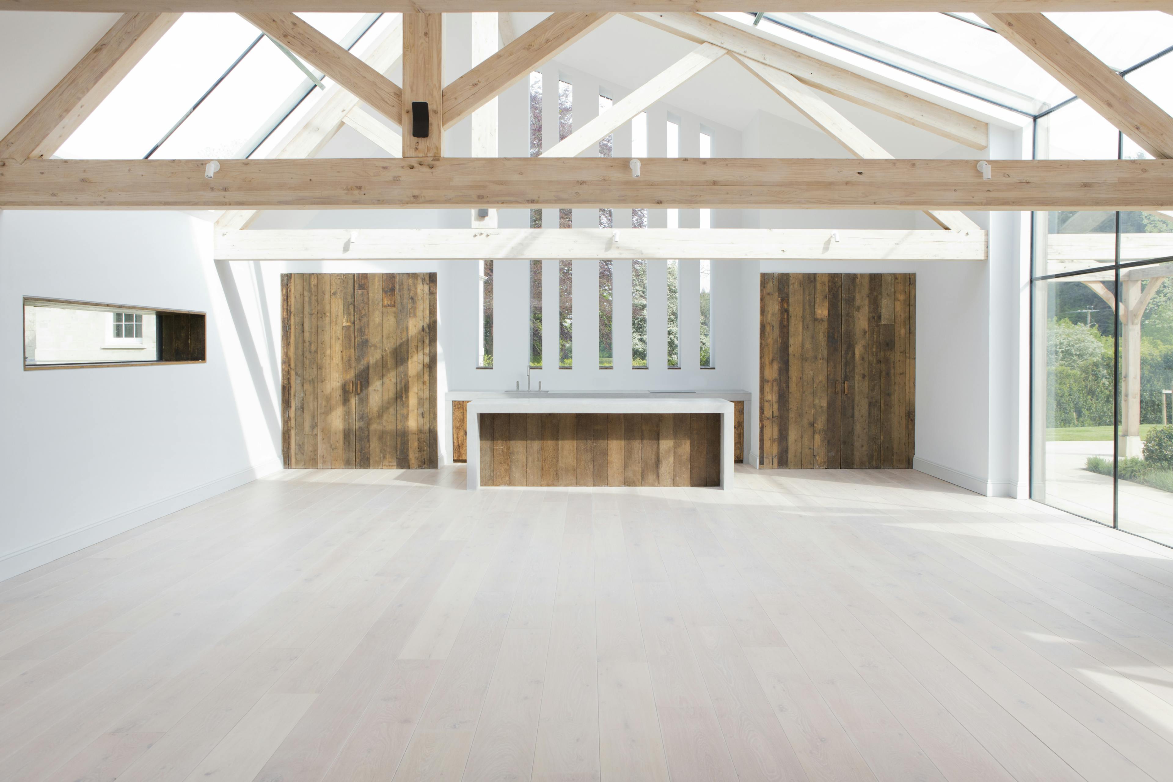 Internal image of swimming pool building with larch glulam frame