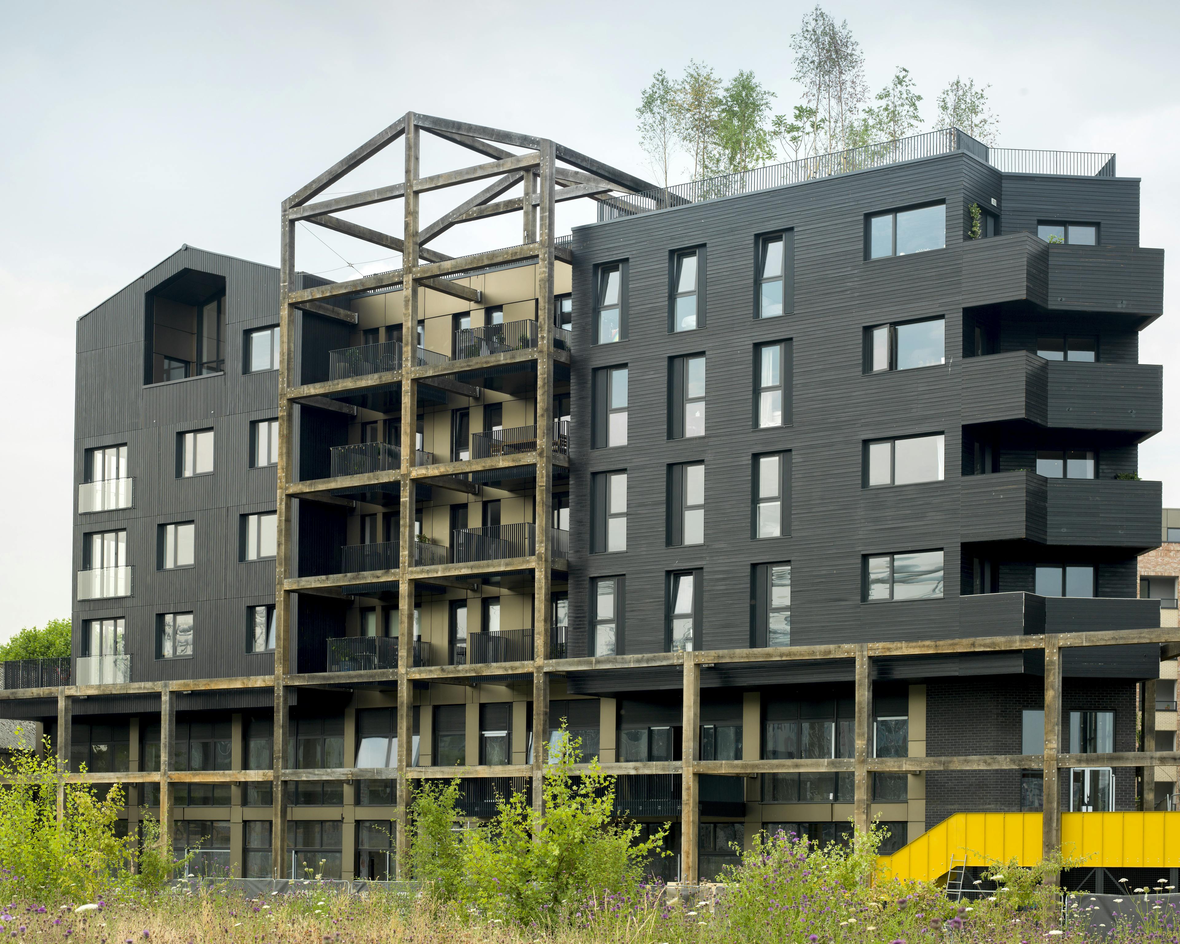 Oak frame balconies on a residential canal side development in London