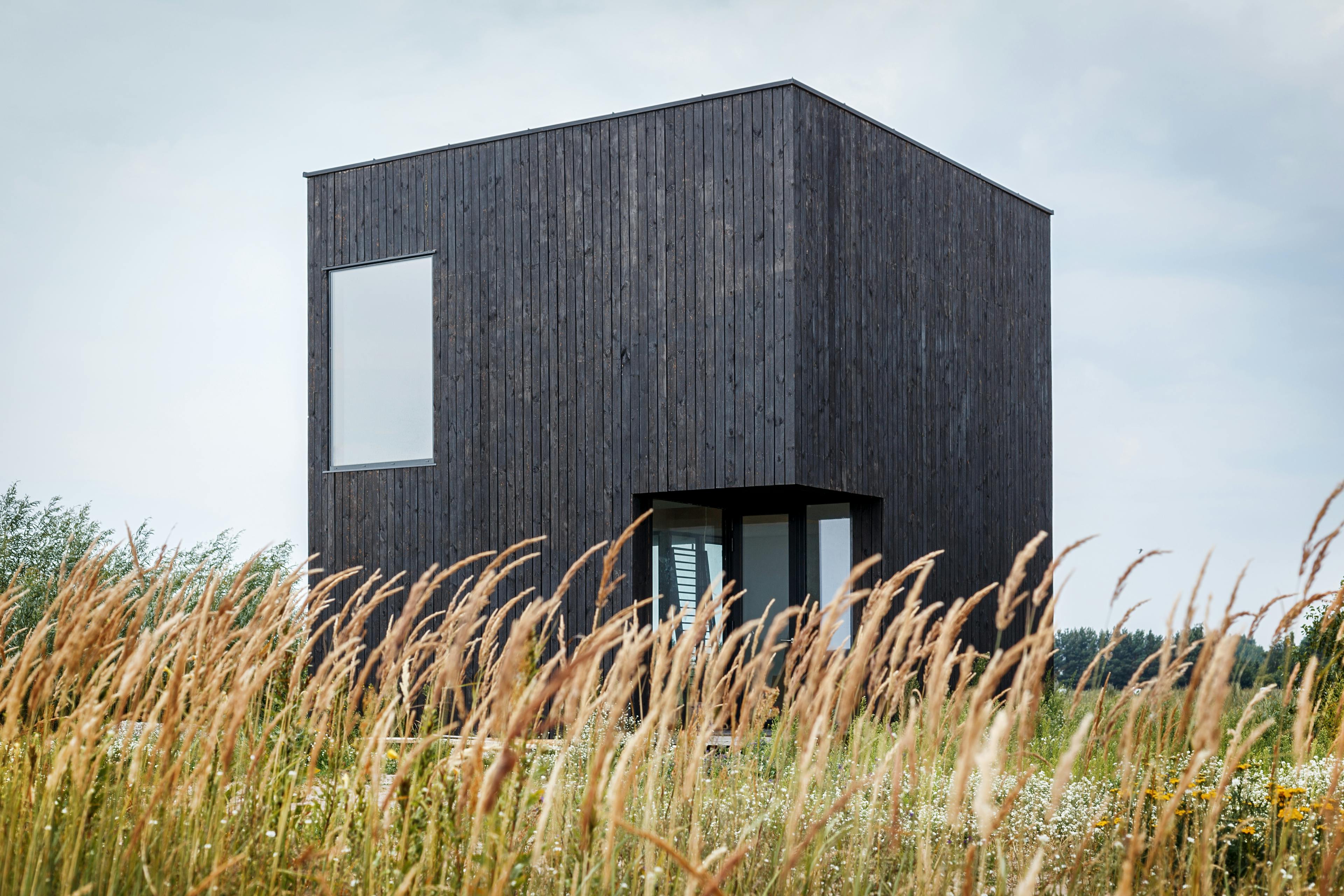 A charred timber building with long grass in front