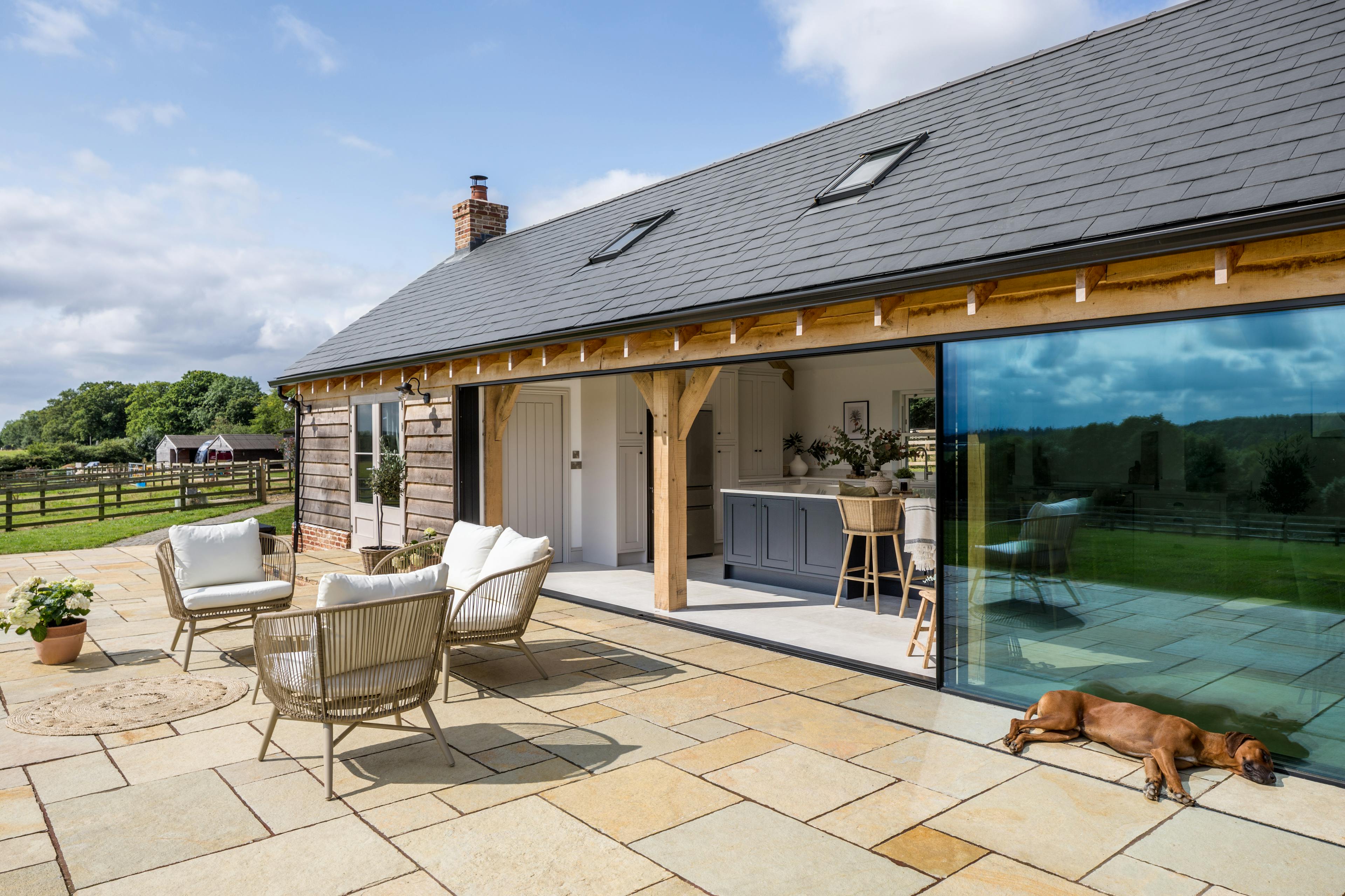 External view of oak framed kitchen with joinery screen glazing