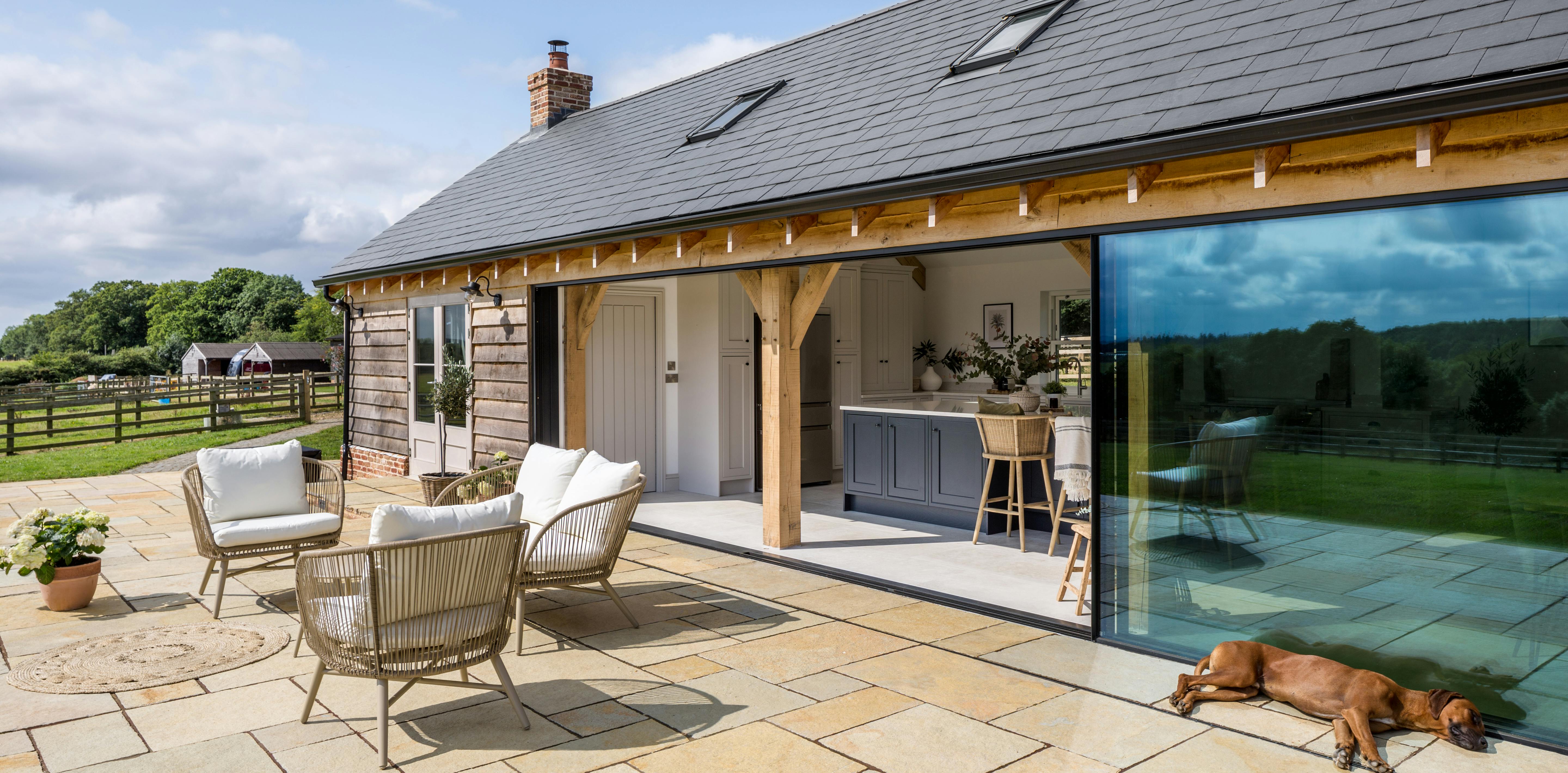 External view of oak framed kitchen with joinery screen glazing