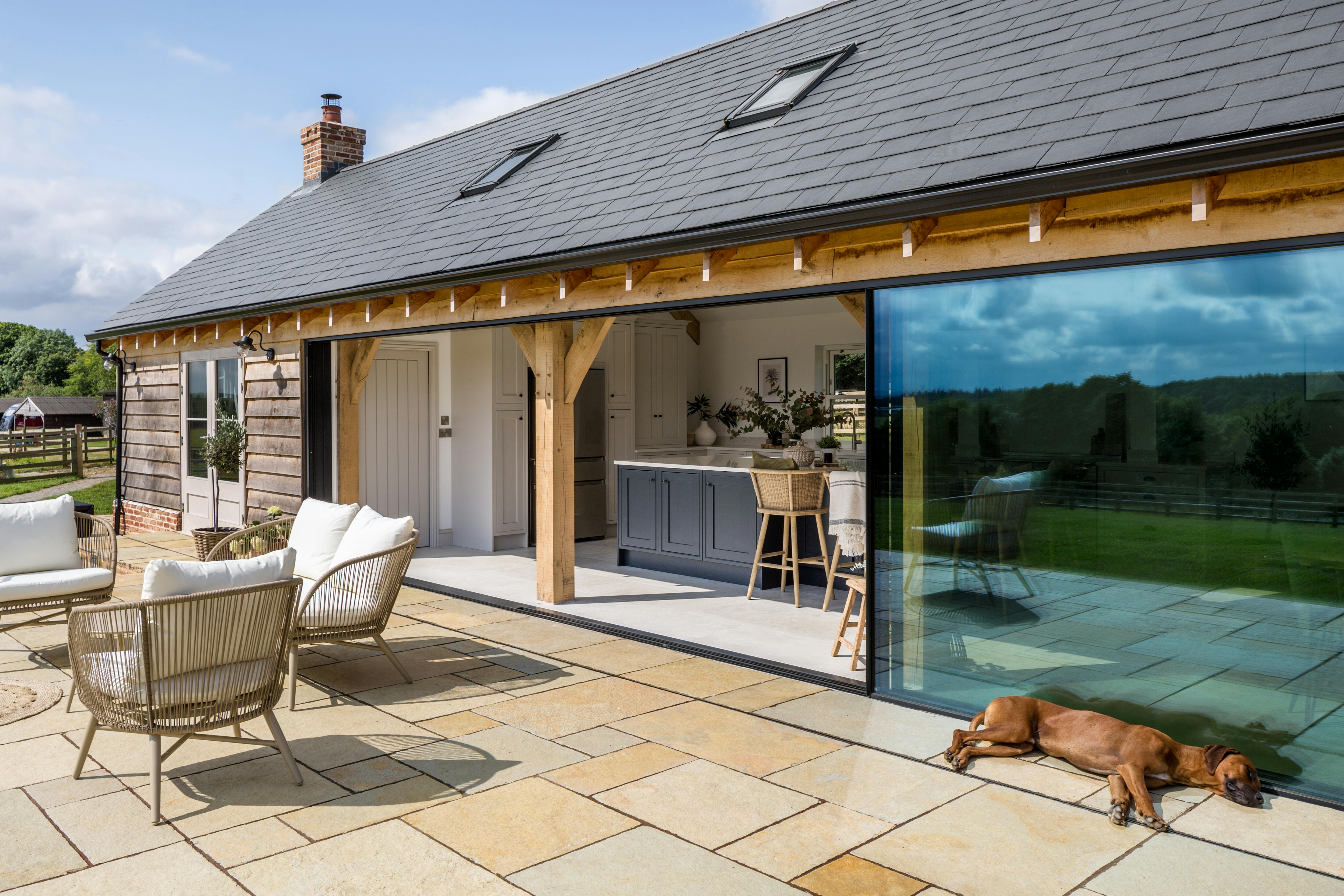 External view of oak framed kitchen with joinery screen glazing