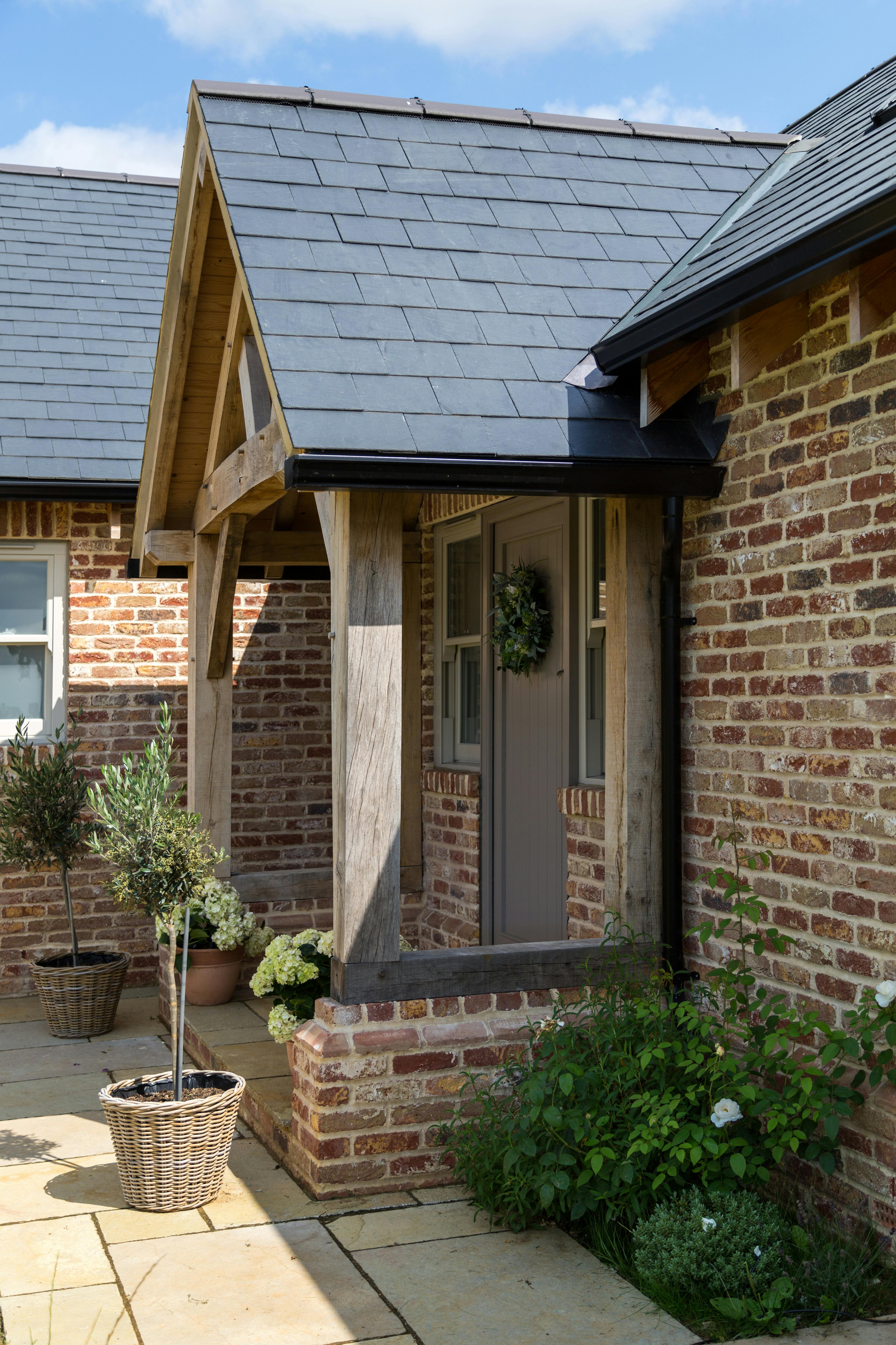 Exterior view of an oak-framed porch