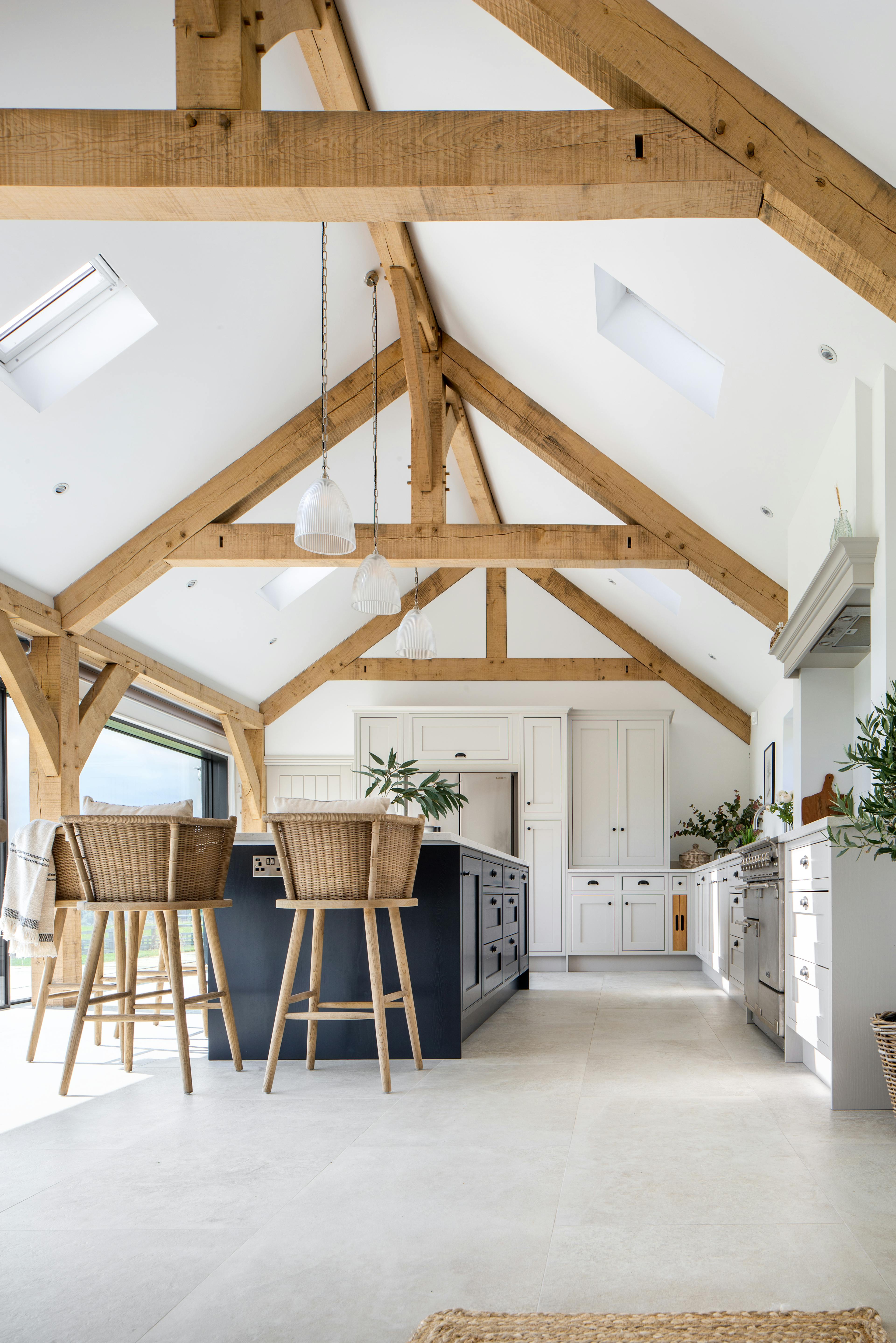 Internal view of oak framed kitchen featuring raised collar trusses