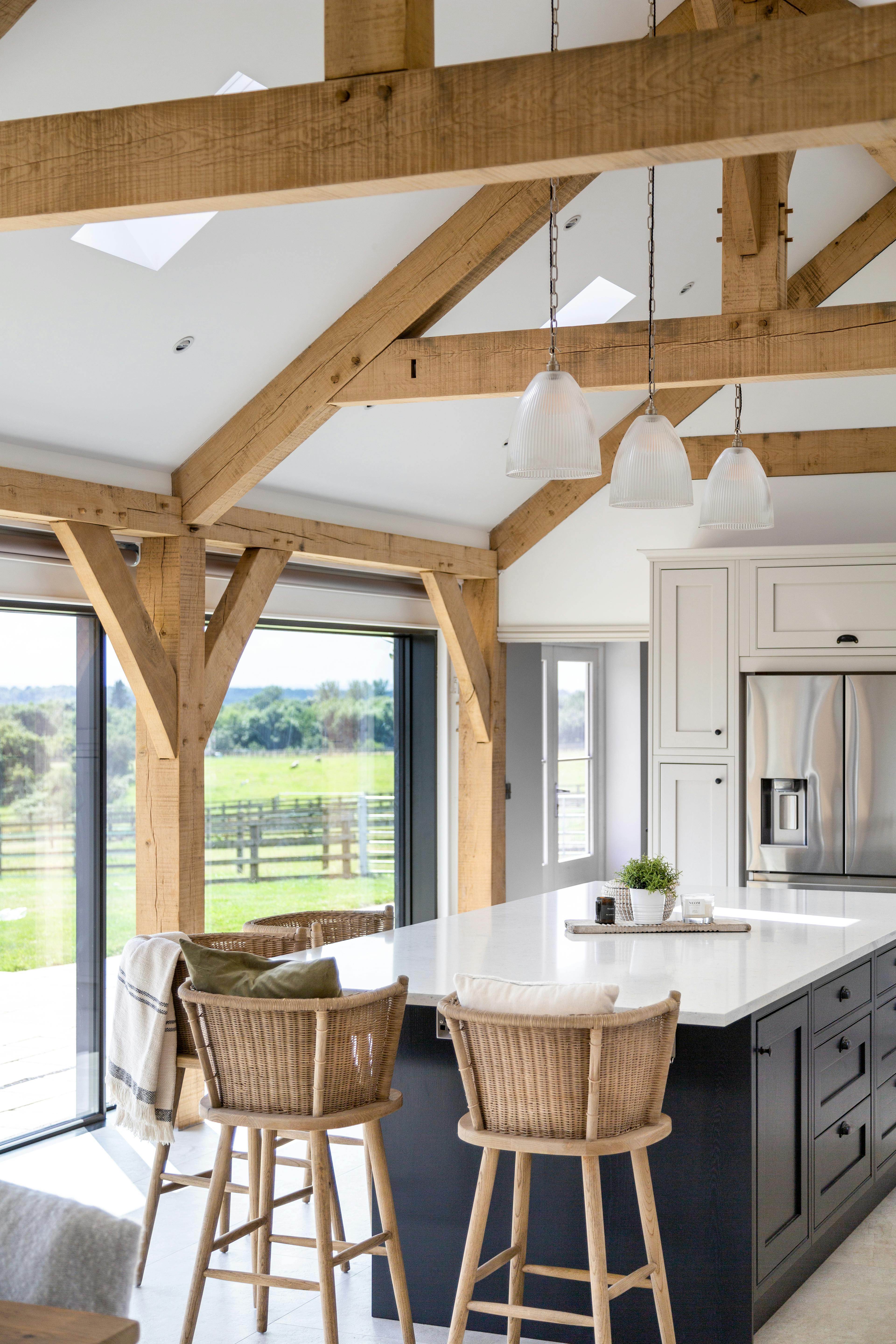 Internal view of vaulted oak framed kitchen, central island