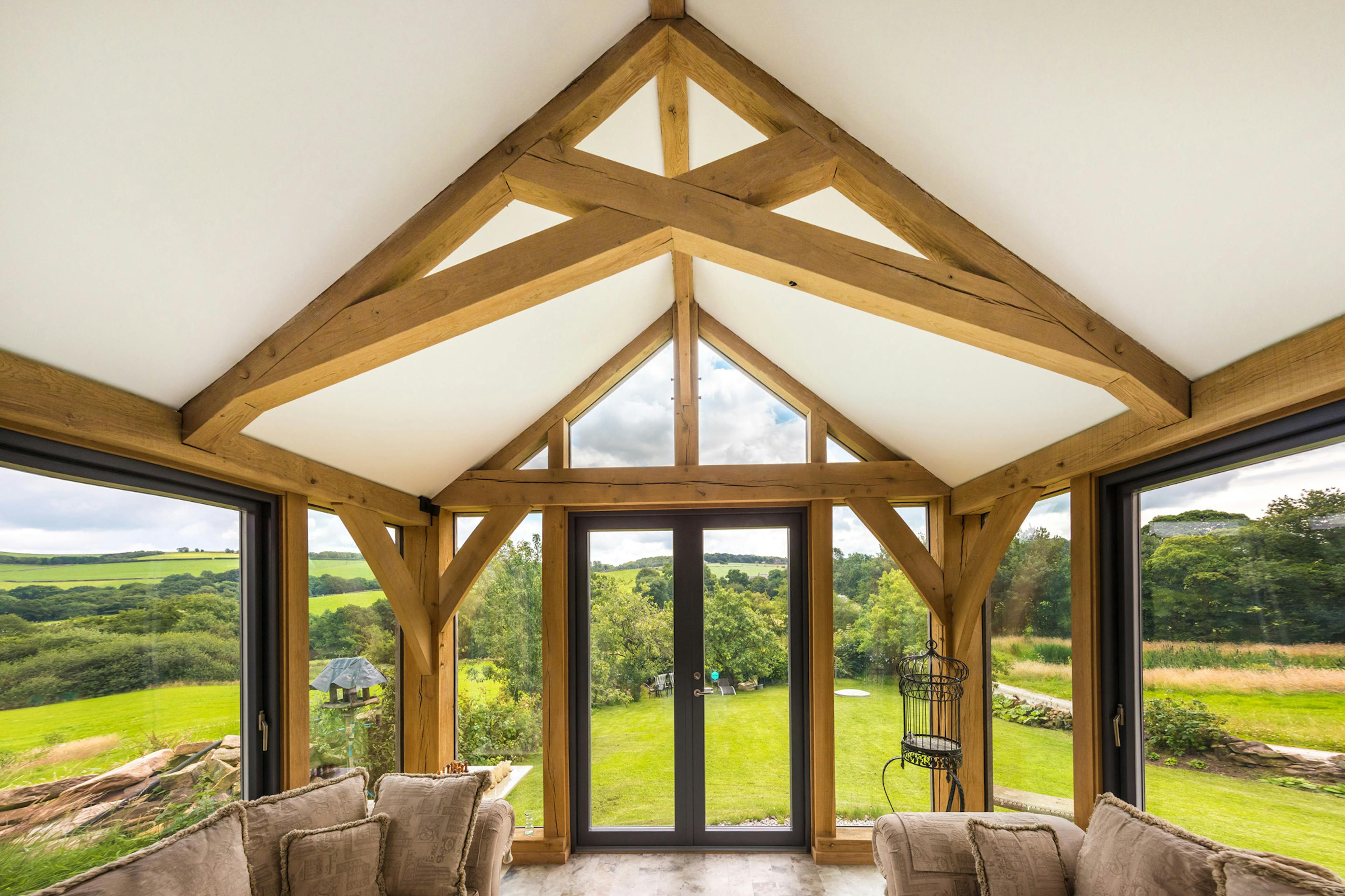 Interior view of an oak-framed, direct-glazed atrium