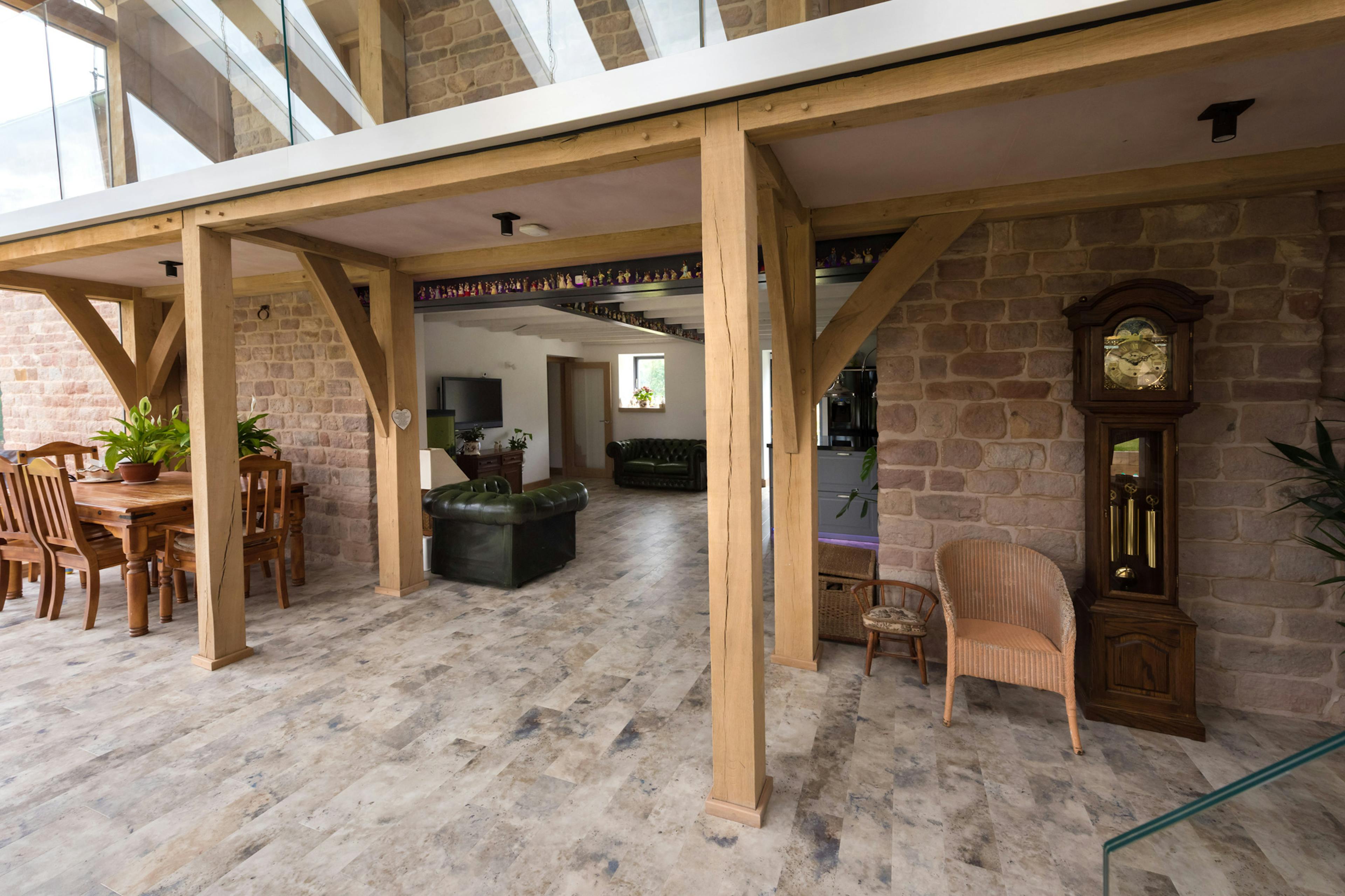 Interior view of a mezzanine with an oak-framed structure