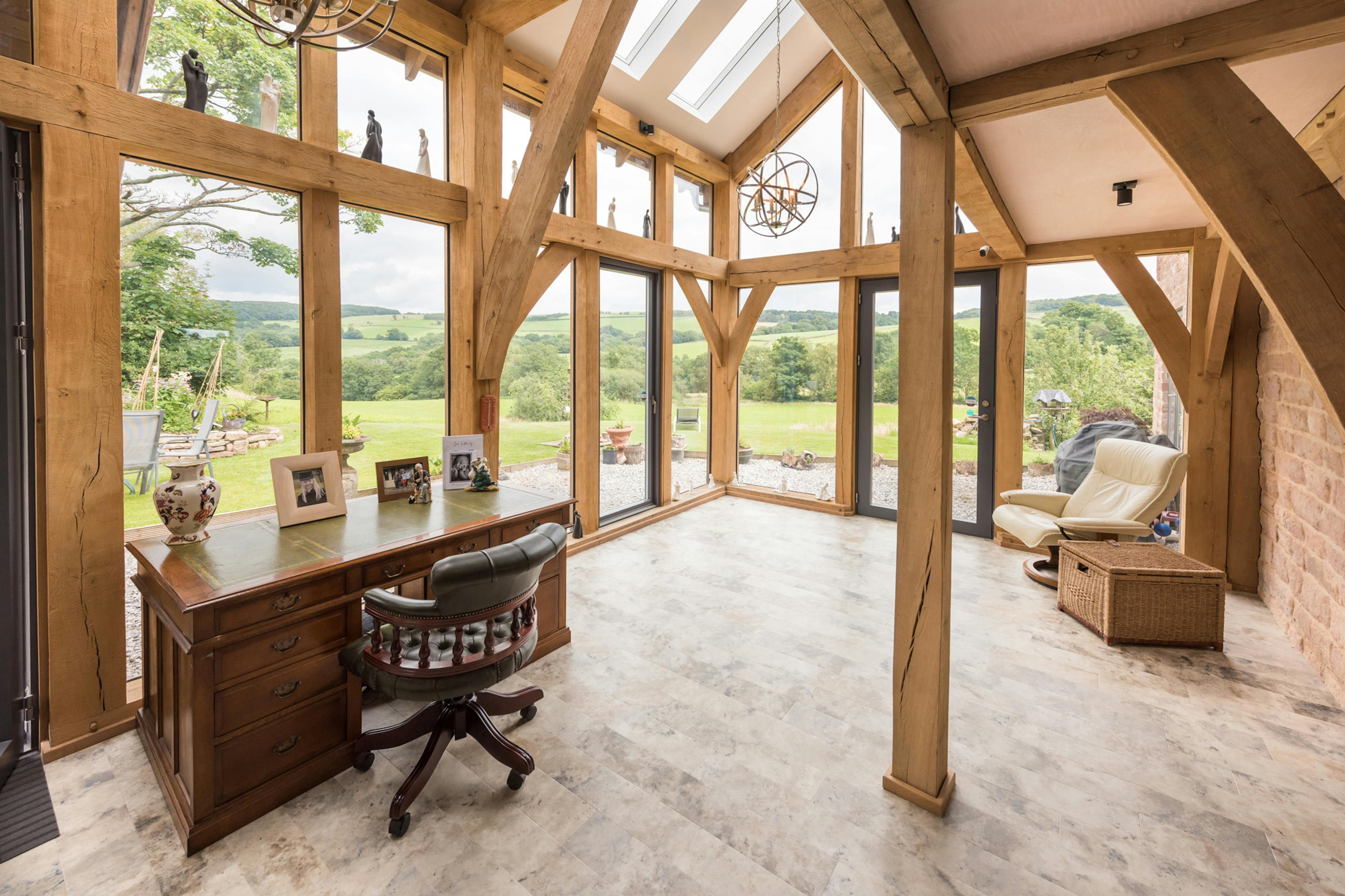 Interior view of a fully direct-glazed, oak-framed versatile space