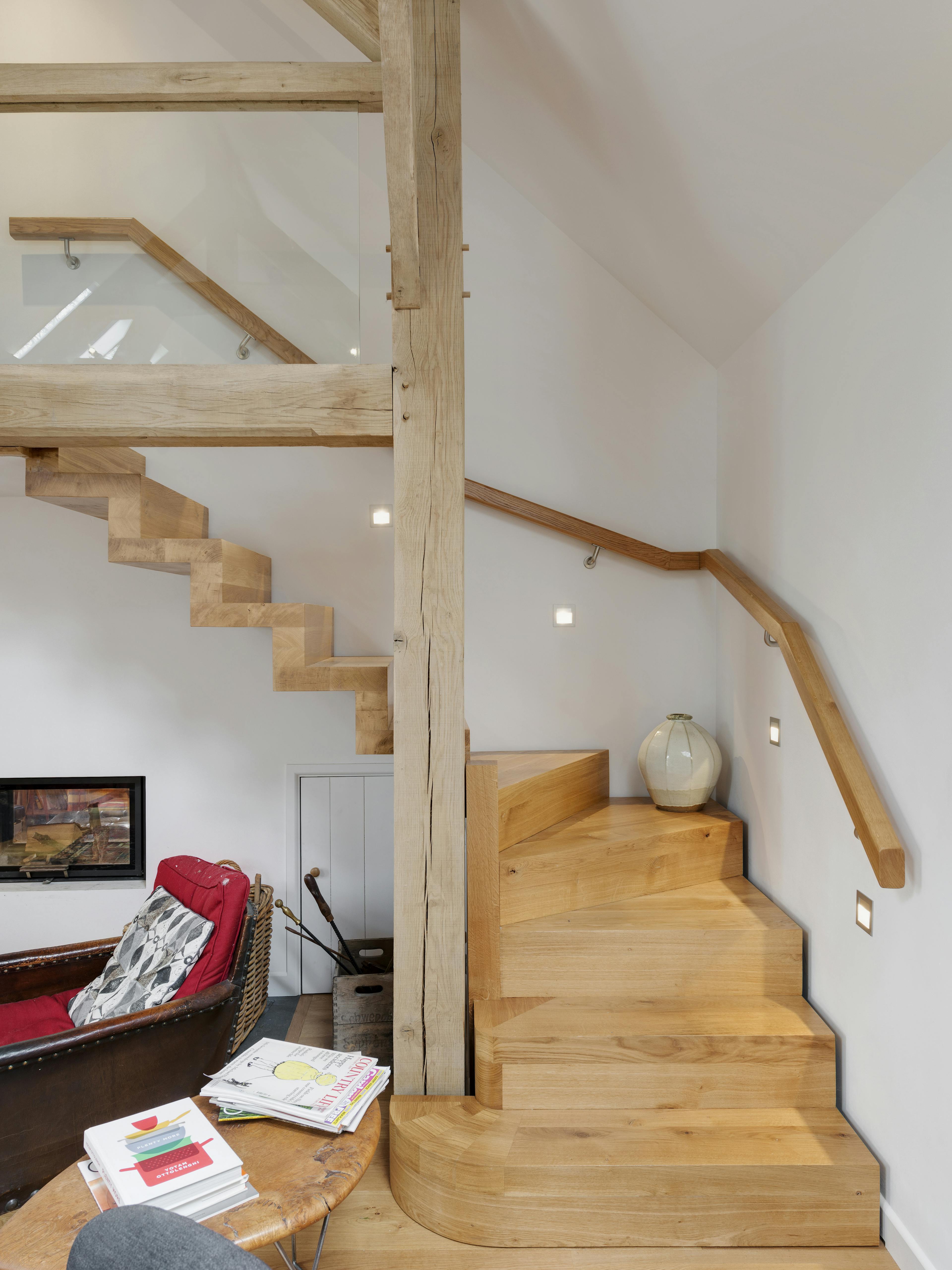 Interior view of a spiral staircase in a lounge area