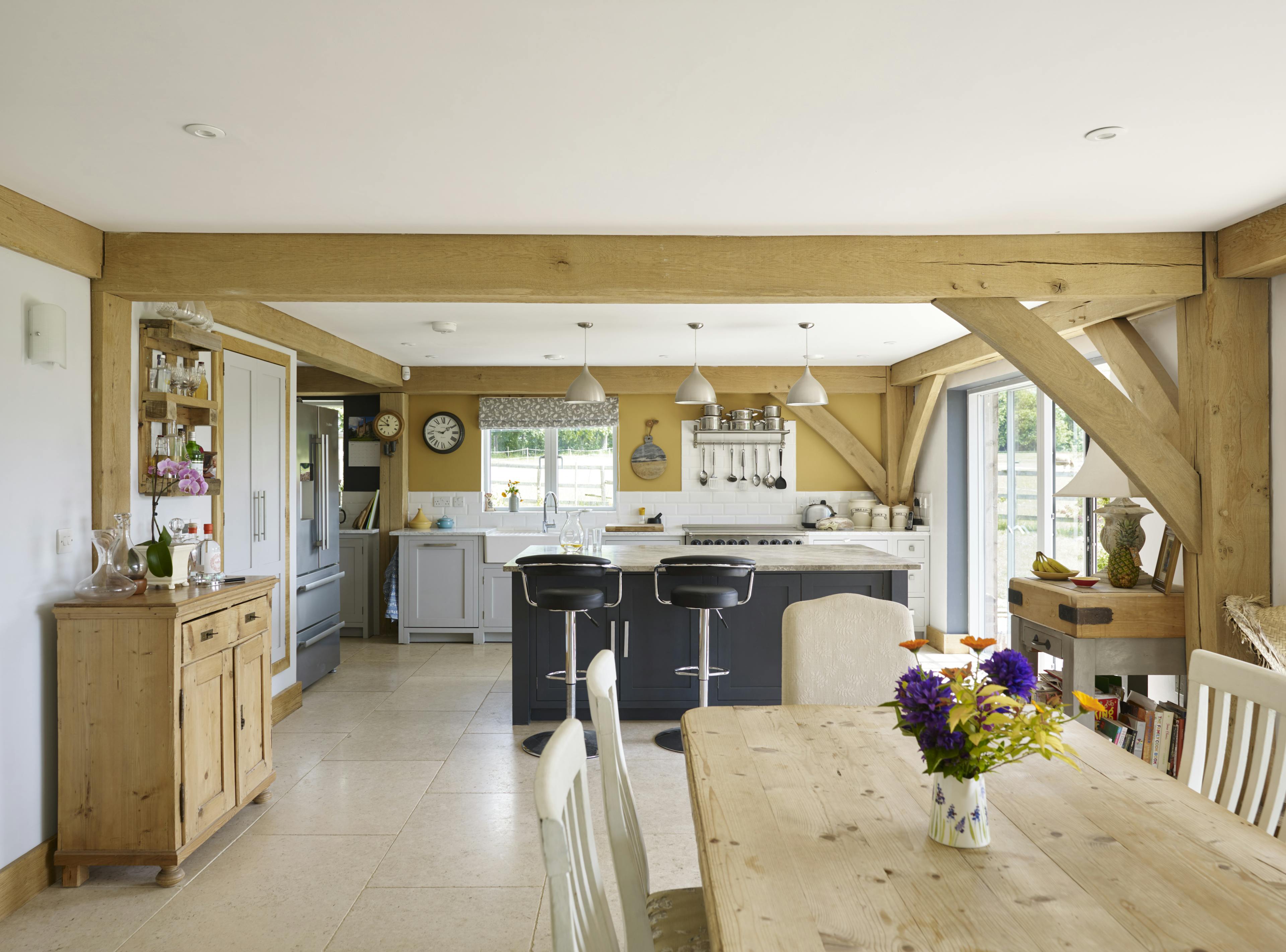 An oak framed dining area and kitchen