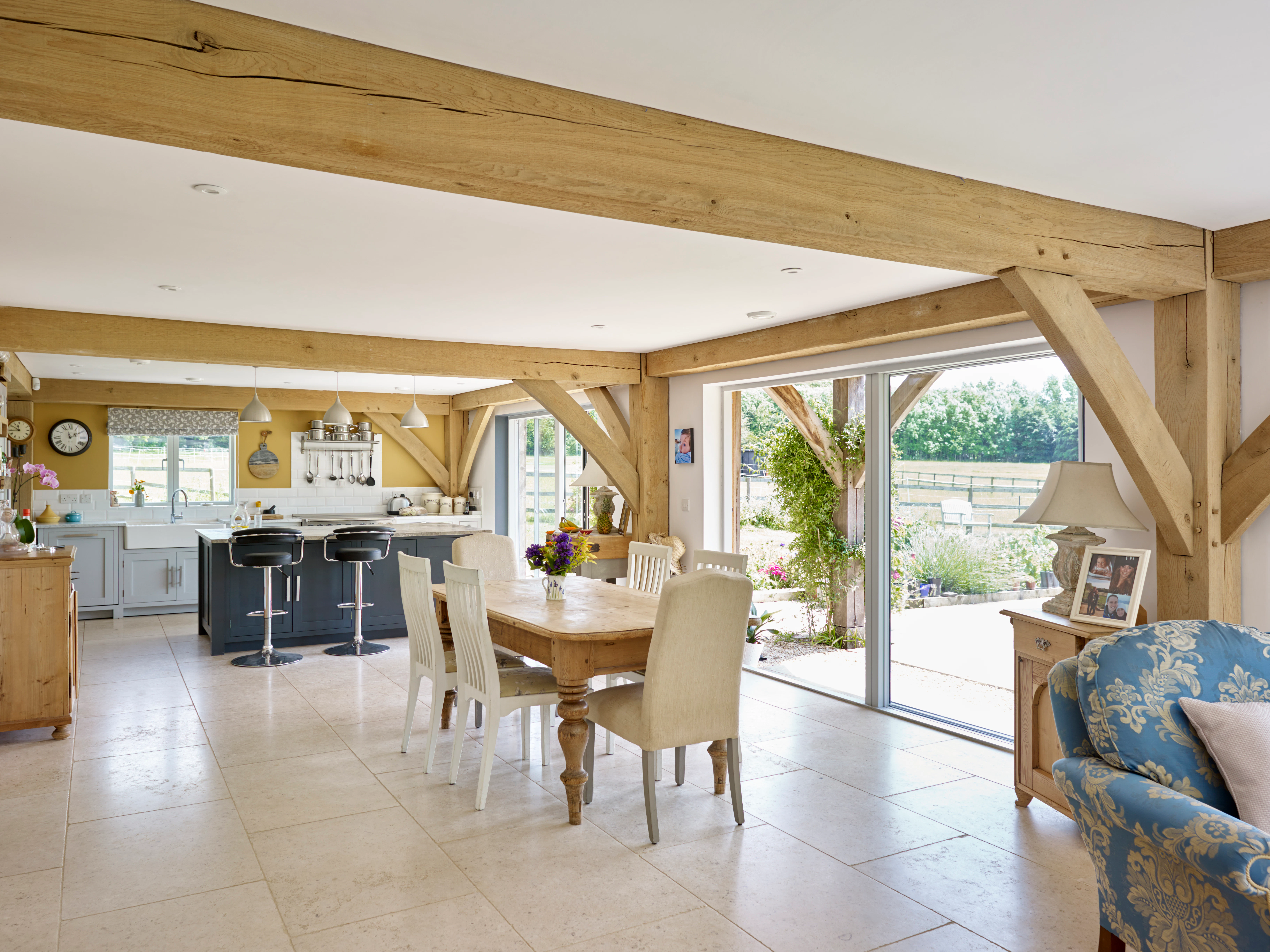An oak framed dining area and kitchen