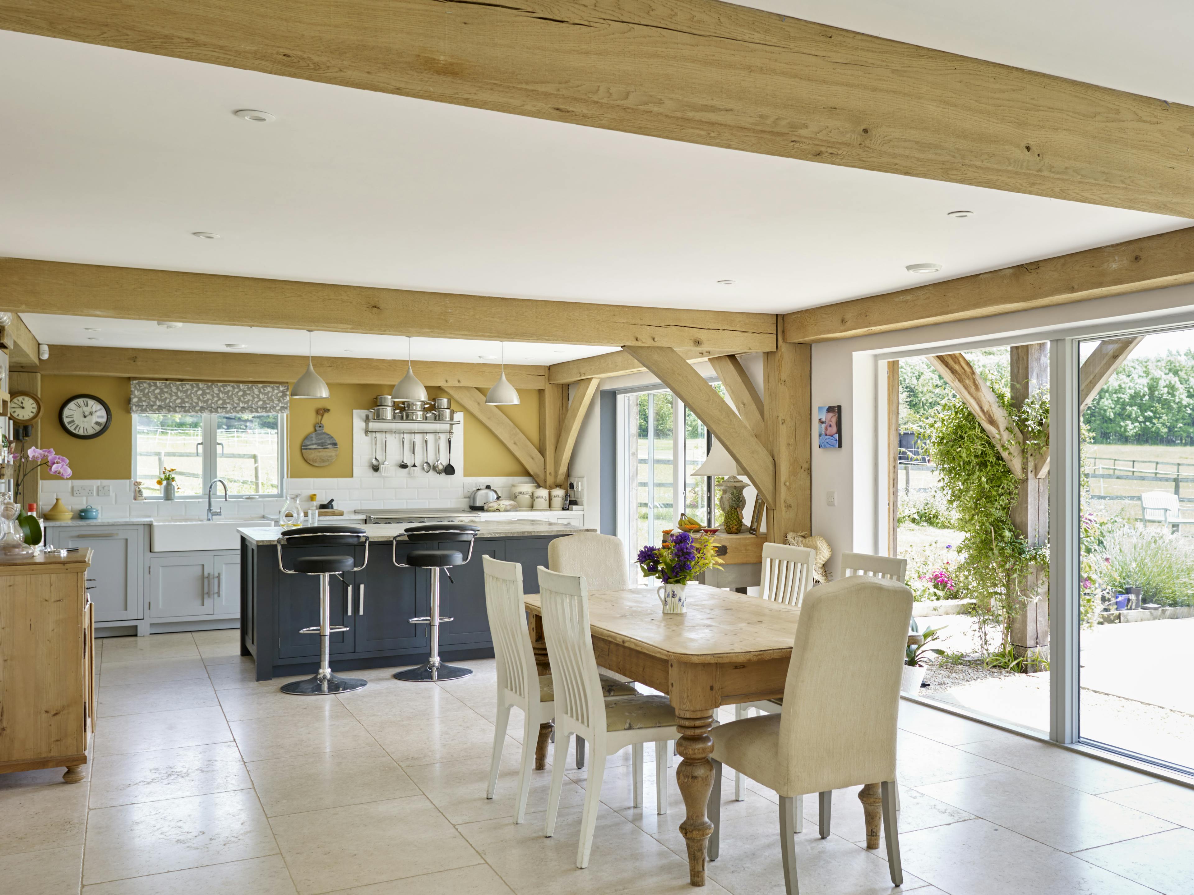 An oak framed dining area and kitchen