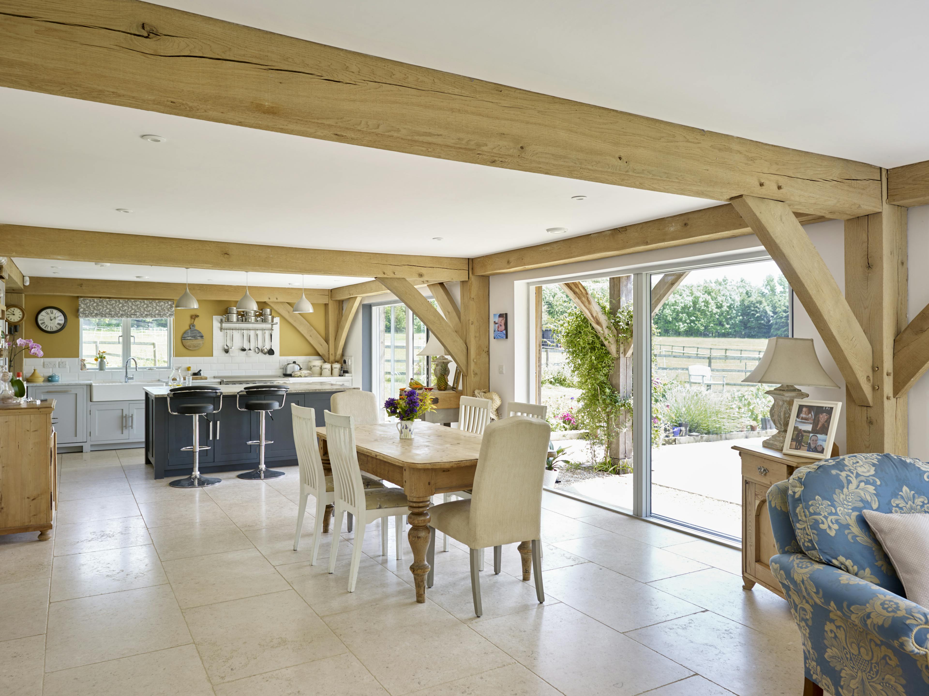 An oak framed dining area and kitchen