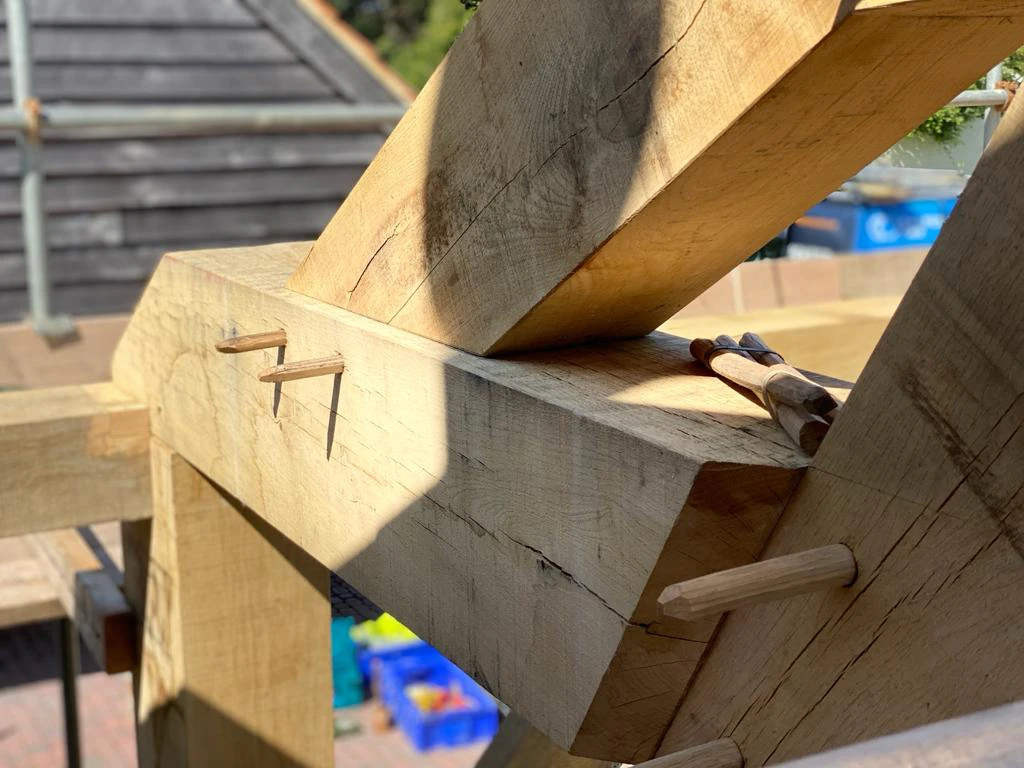 A close up image of a joint on an oak frame with wooden pegs on a construction site