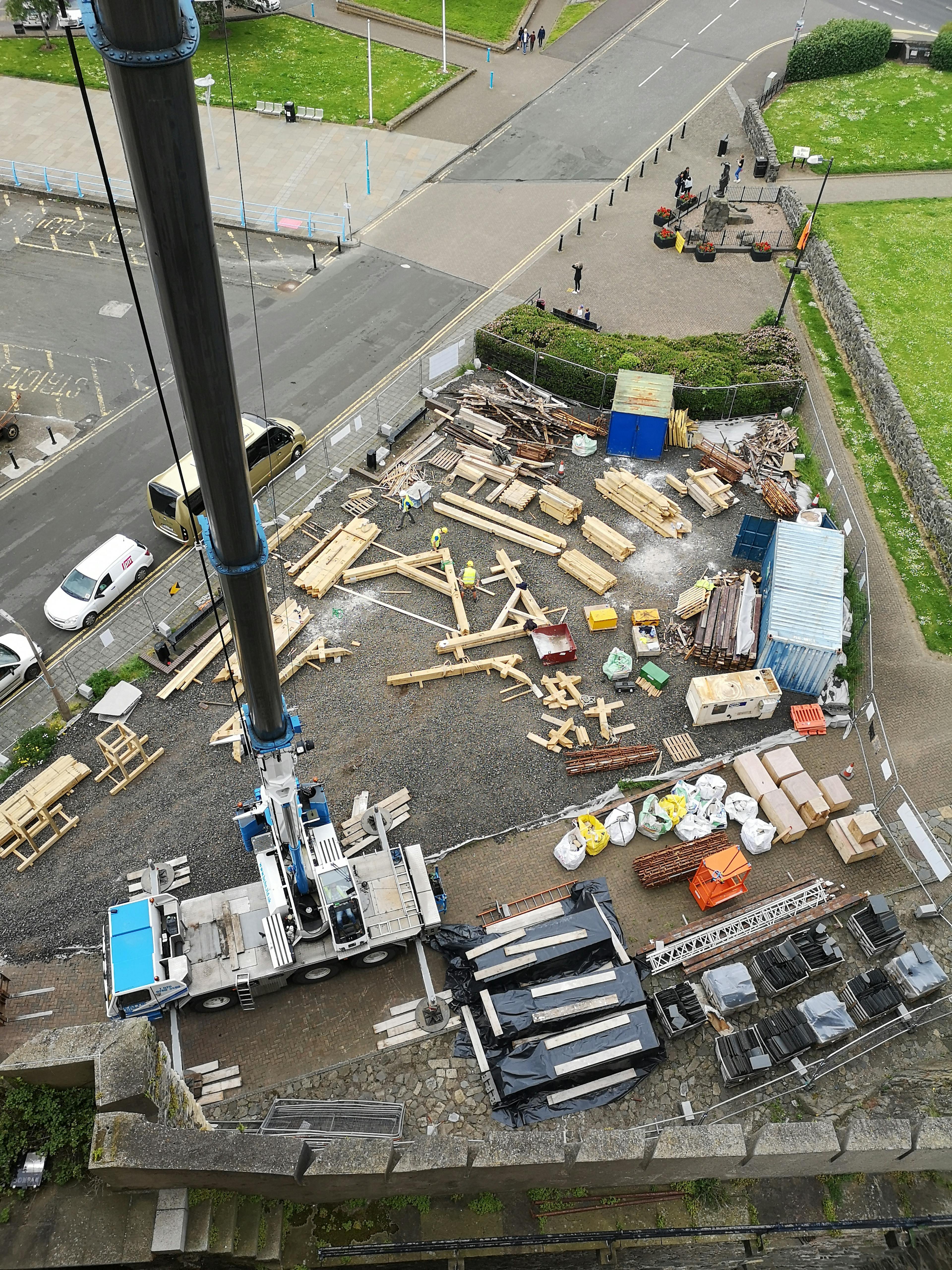 The view of a crane and an oak frame from high up