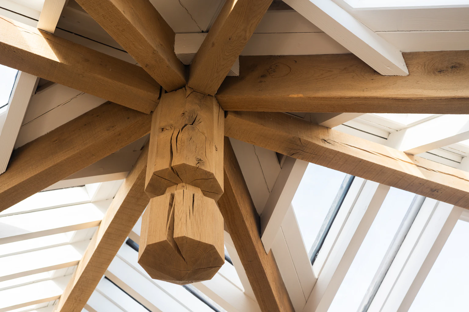 An oak frame detail showing eight sections coming together
