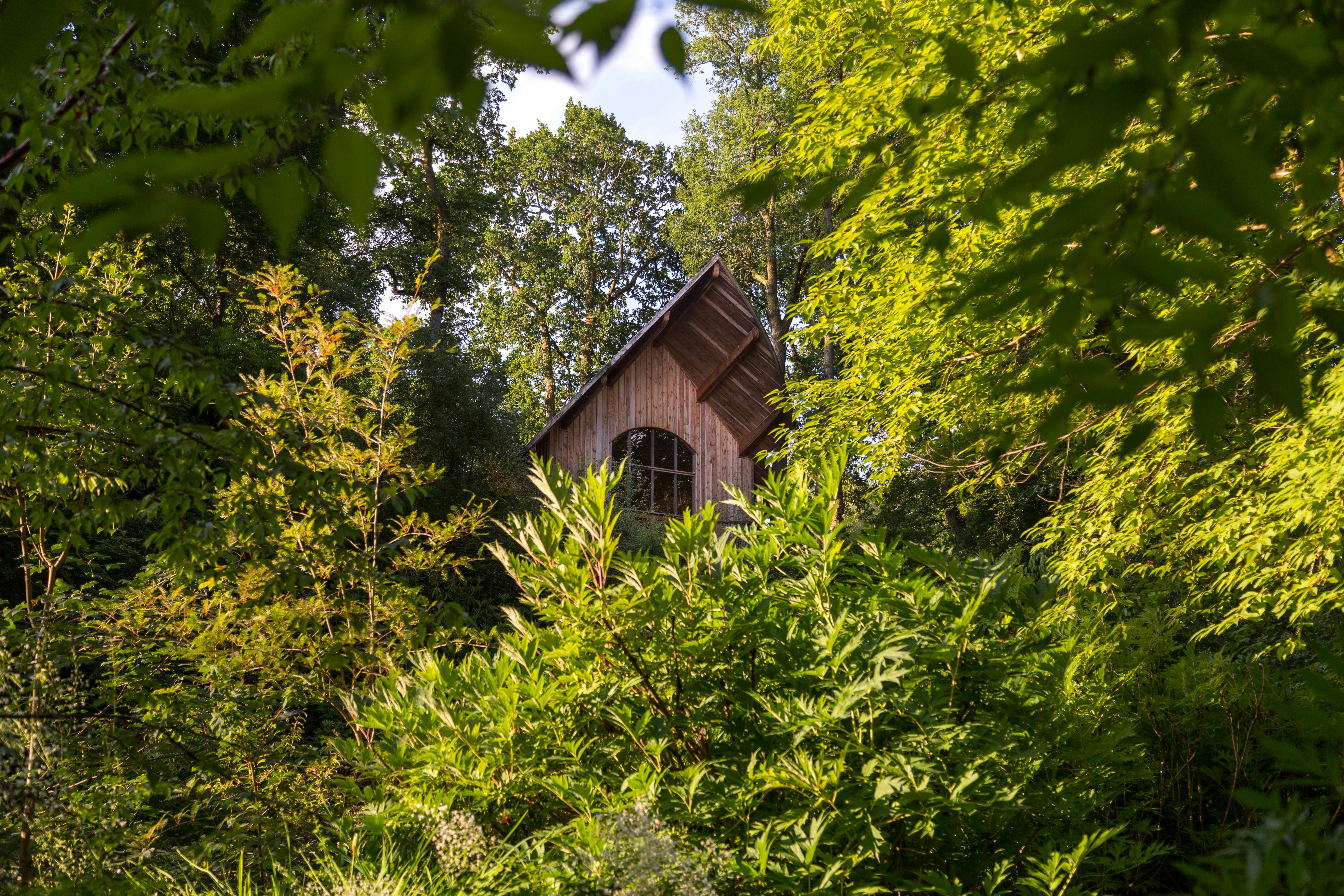 A wooden pavilion with an angled roof and a balcony can be seen between trees